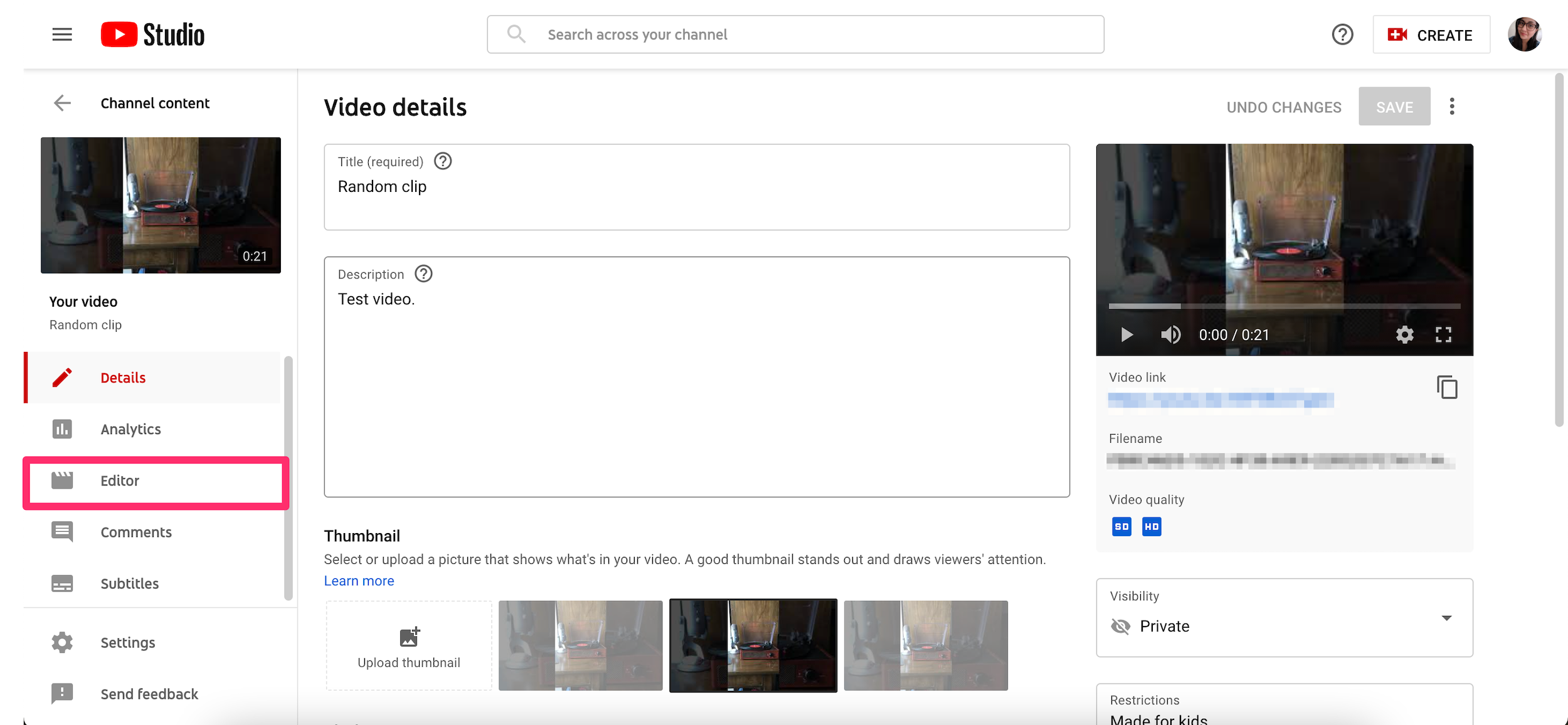 Screenshot of video in YouTube Studio