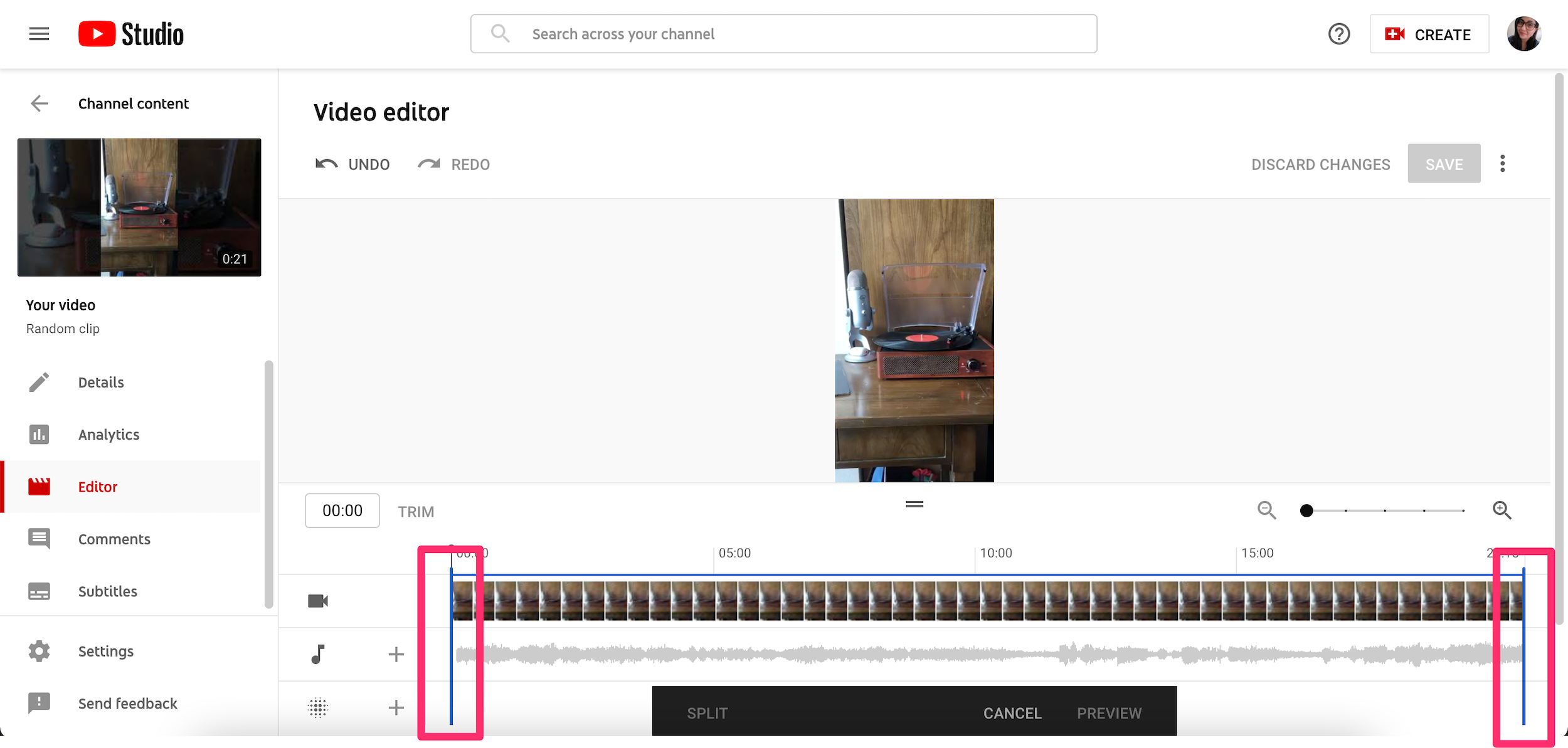 Screenshot of video trimming screen in YouTube Studio