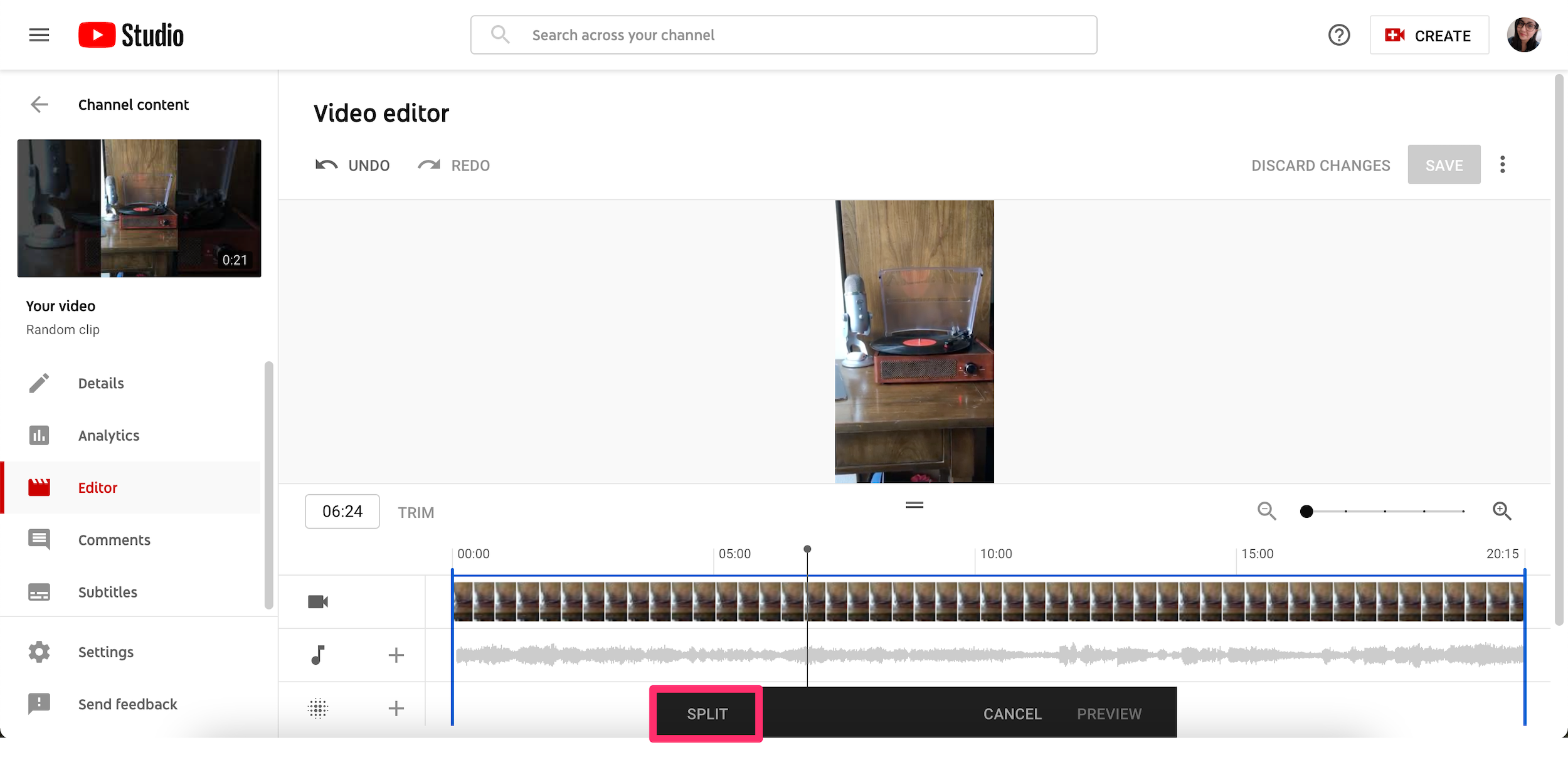 Screenshot of Split button in YouTube Studio