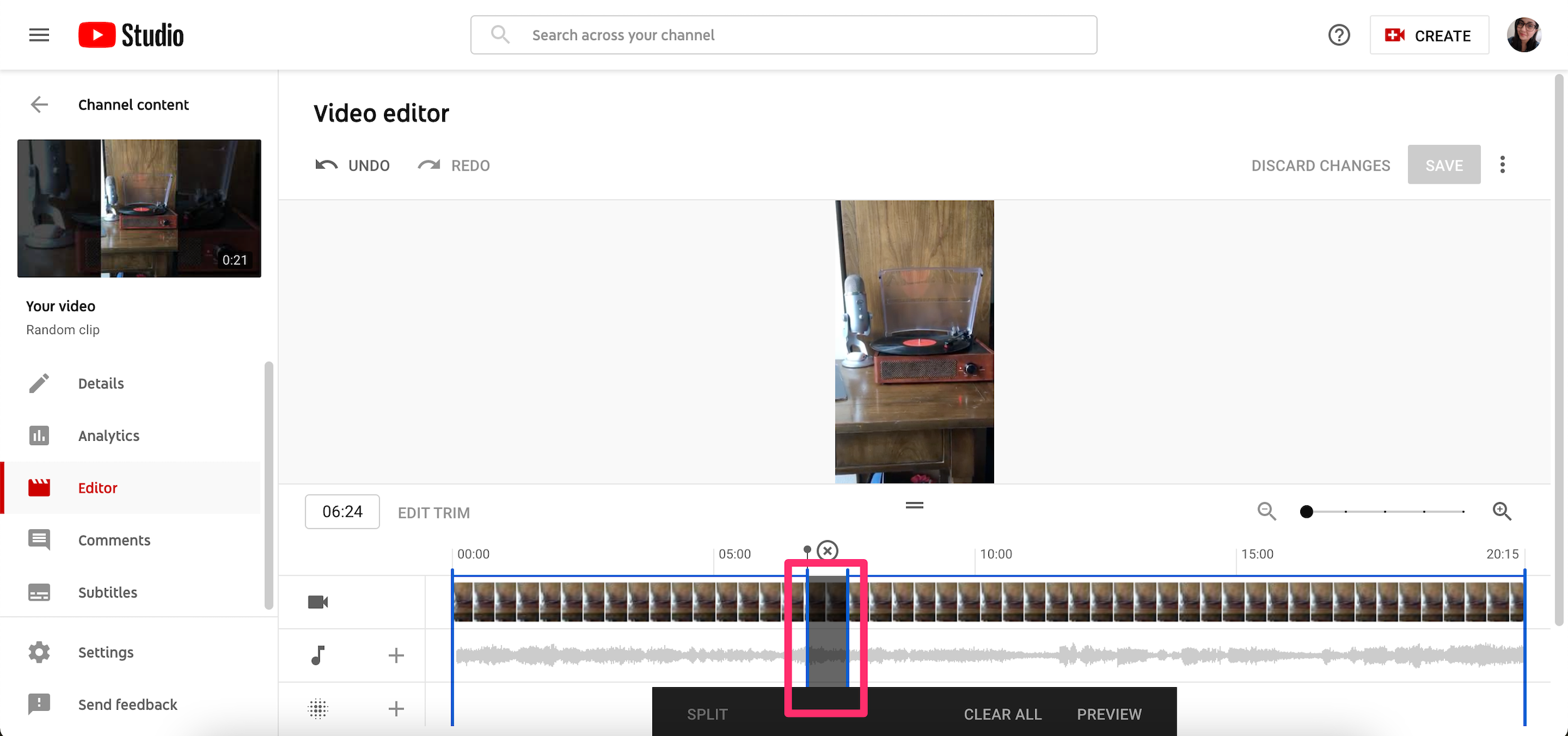 Screenshot of trimming the middle of a video in YouTube Studio