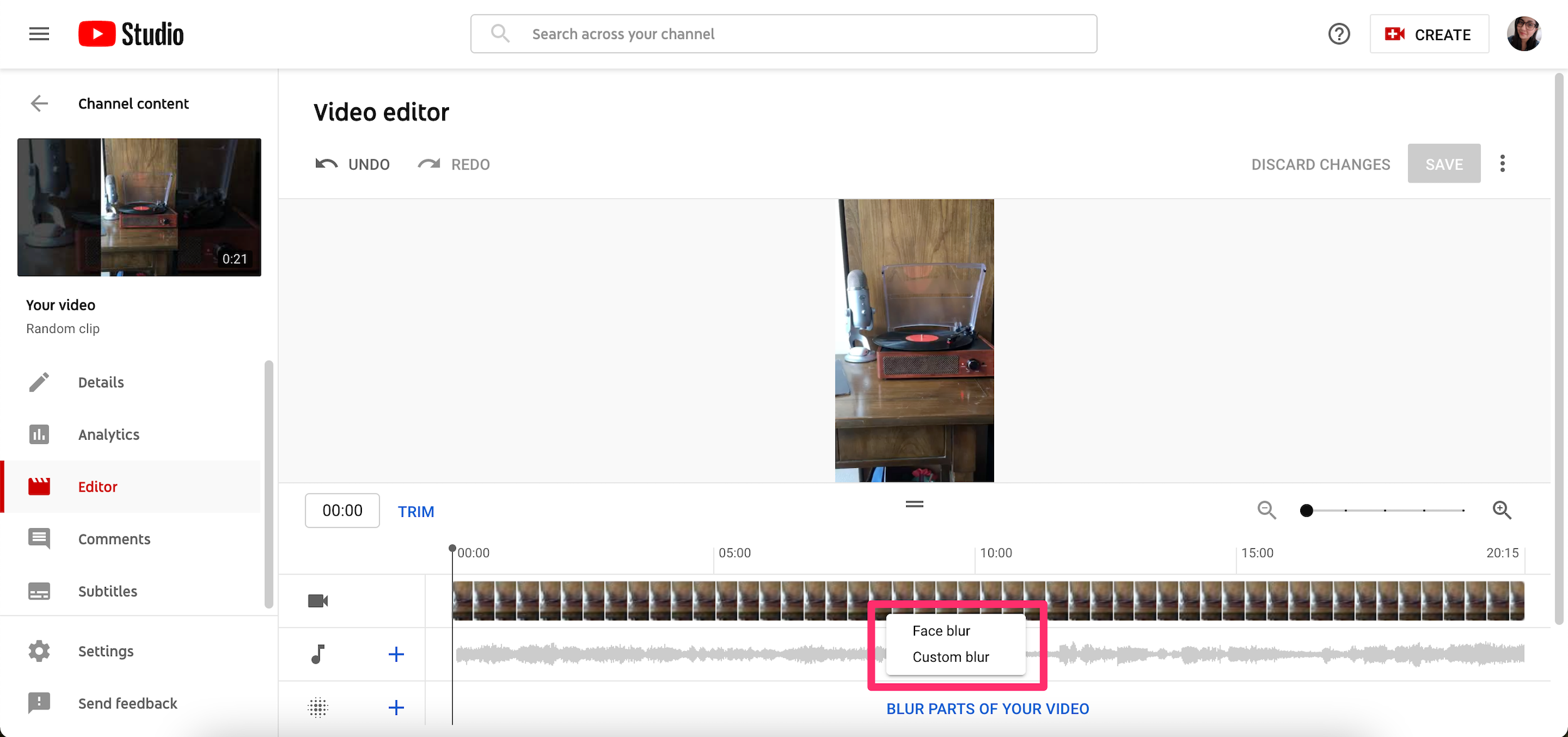 Screenshot of Blur option in YouTube Studio