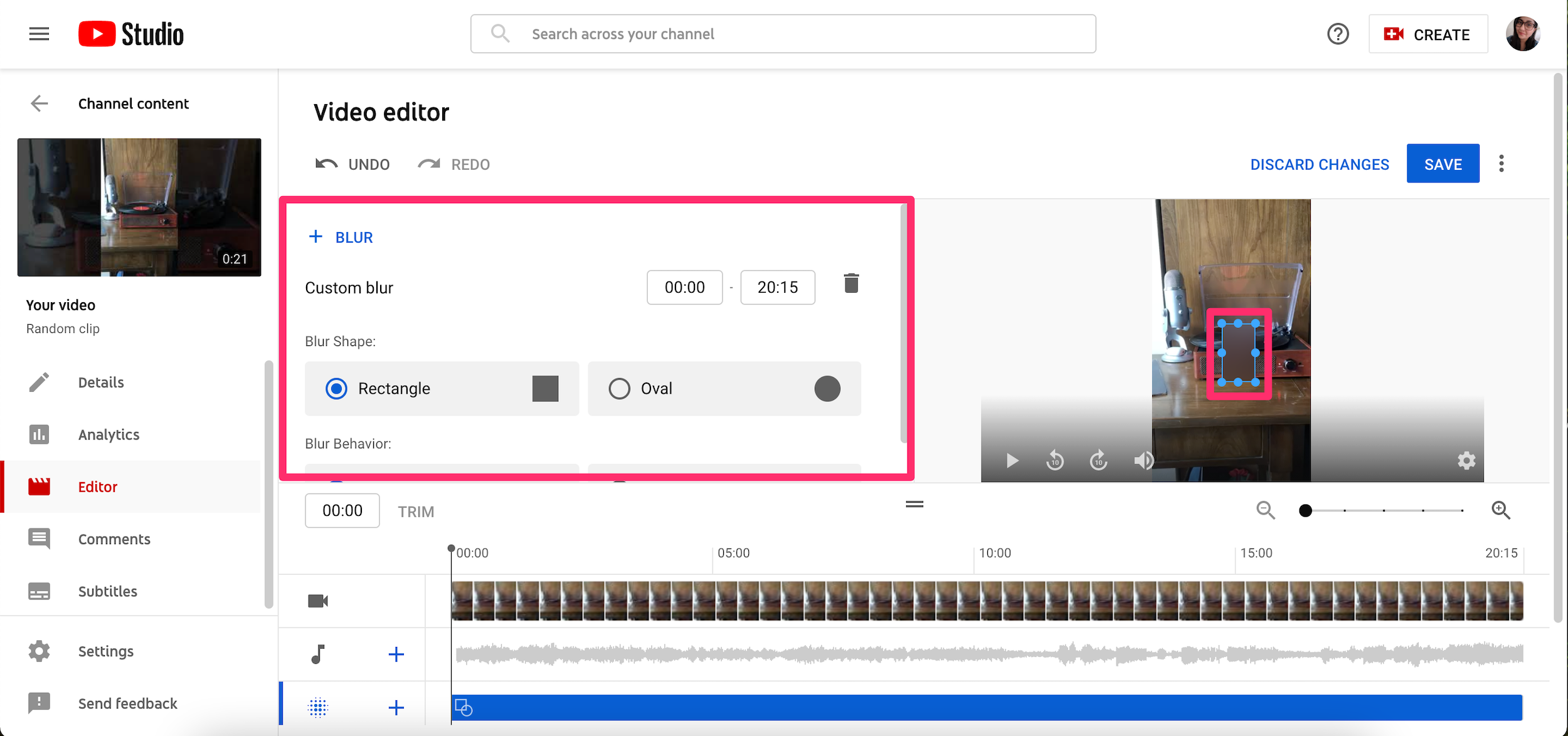 Screenshot of Blur windows in YouTube Studio