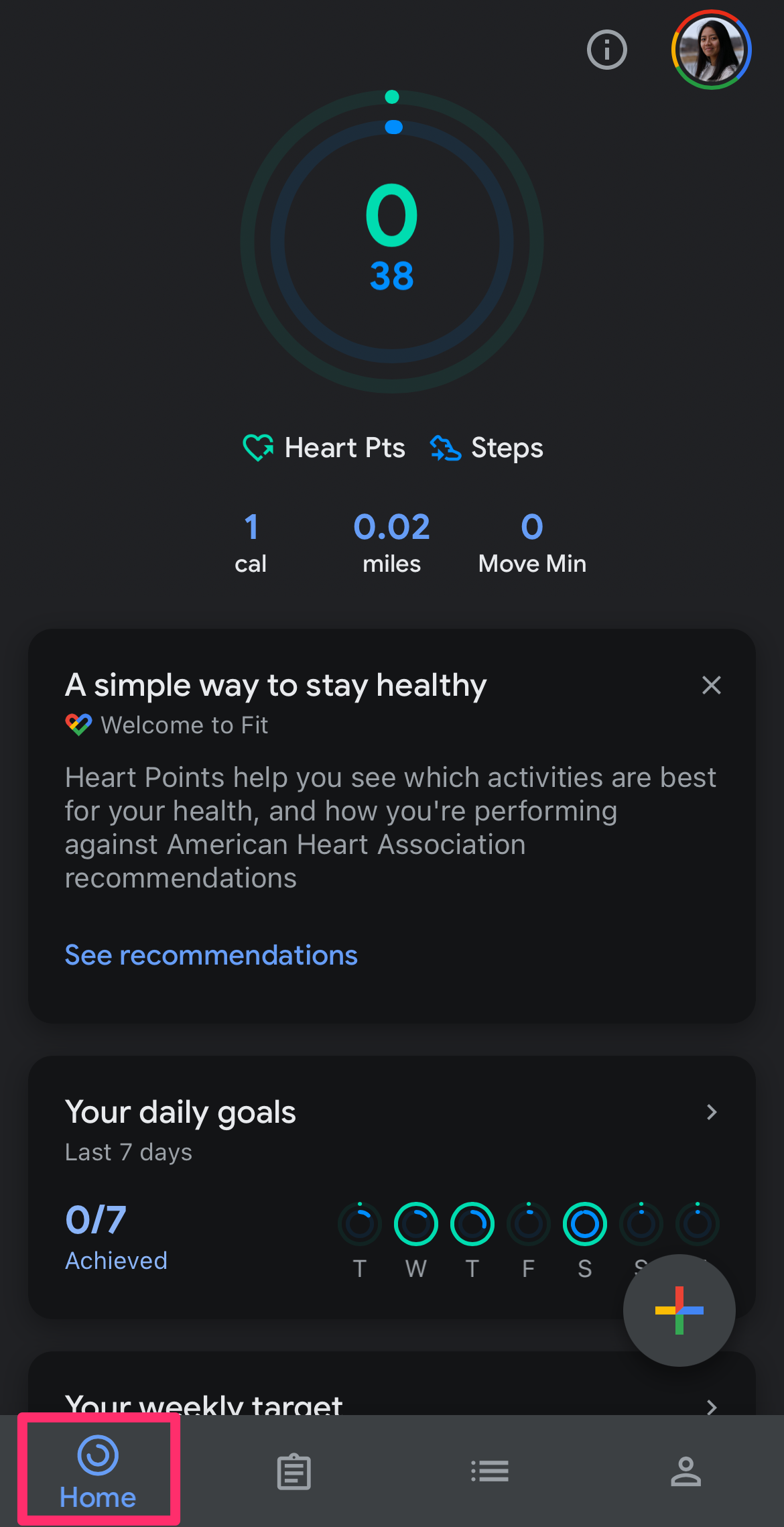 iPhone screenshot of the Home tab in Google Fit