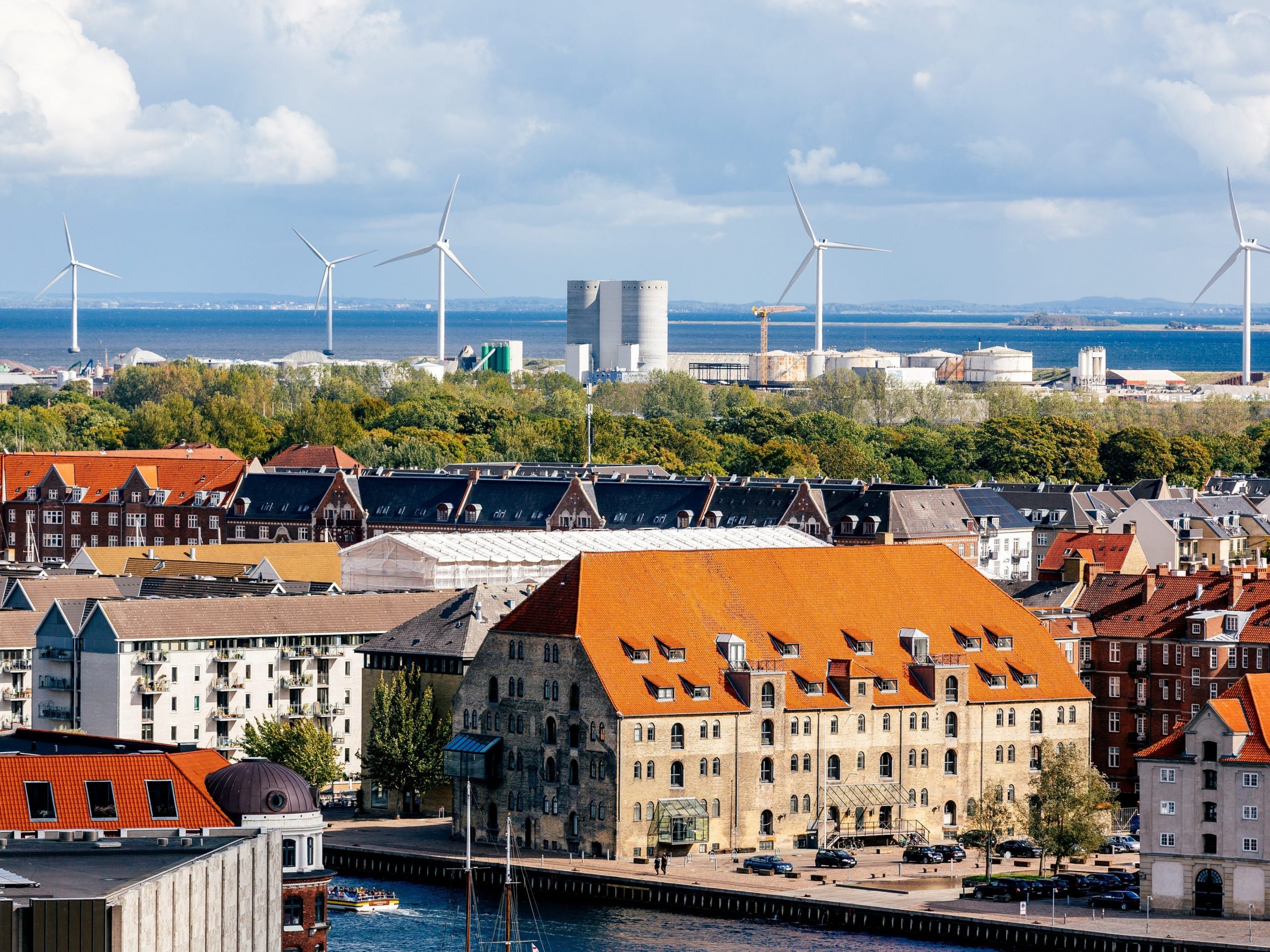 Copenhagen skyline with wind turbines in the background, Denmark.