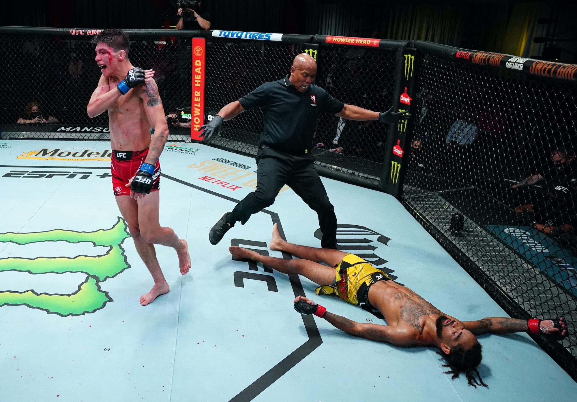 Ignacio Bahamondes reacts after separating UFC lightweight opponent Roosevelt Roberts from his senses with a highlight-reel wheel kick.