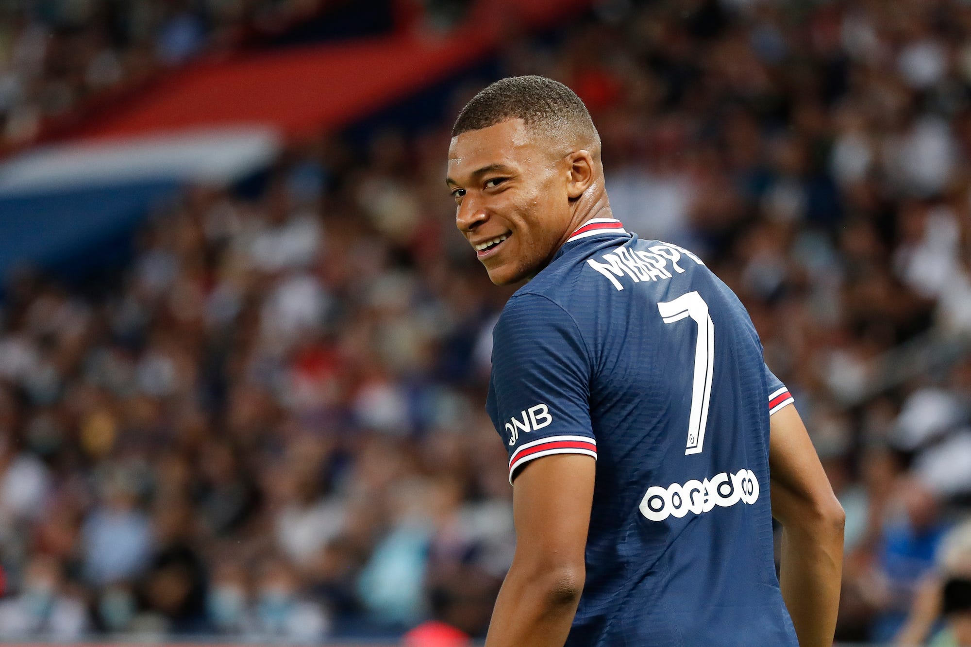 Kylian Mbappe #7 of Paris Saint-Germain looks on during the Ligue 1 Uber Eats match between Paris Saint Germain and Strasbourg at Parc des Princes