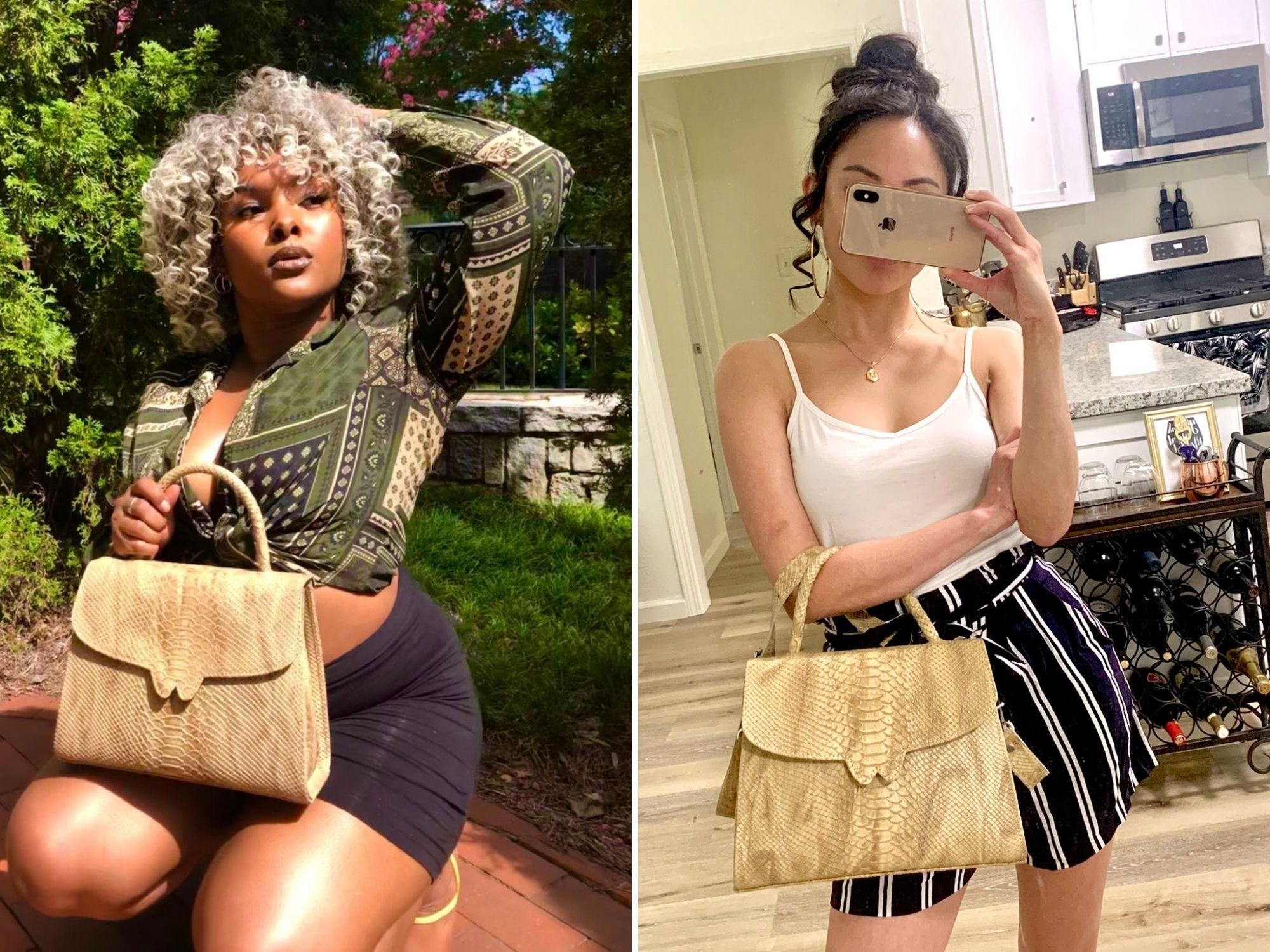 Two photos of people holding the same tan-colored leather handbag, which has a textured appearance and a top handle.