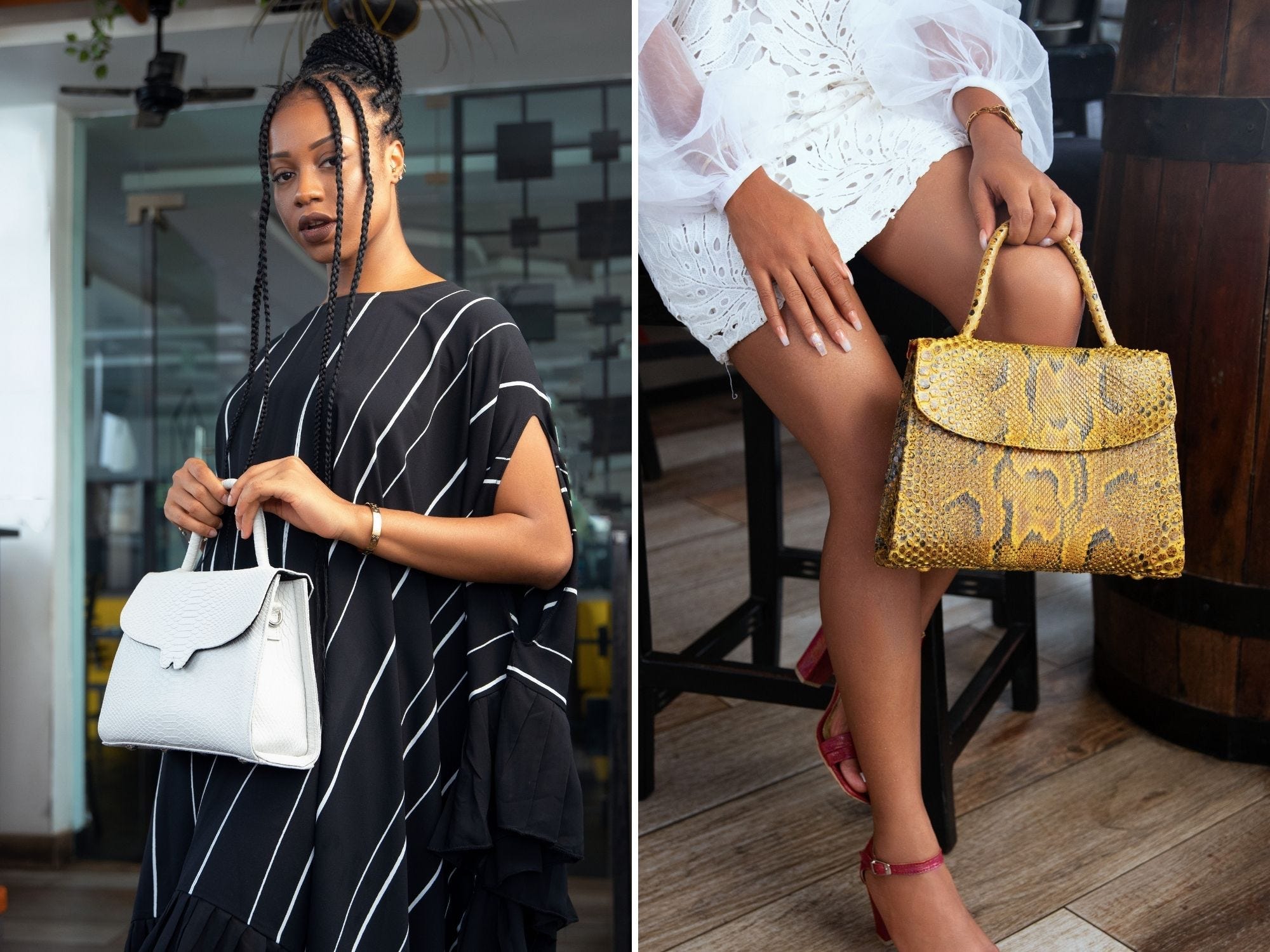 Two models hold leather handbags by Winston Leather -- one holds a white handbag with a top handle and the other holds an animal-printed yellow handbag with a top handle.