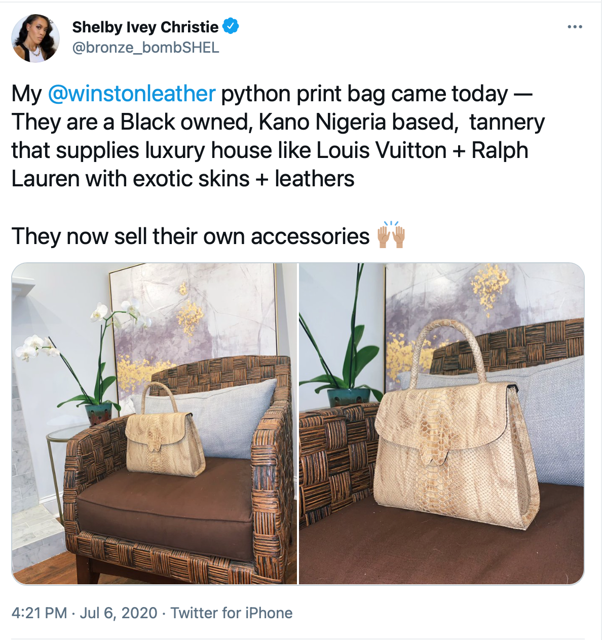 A screenshot of a tweet from fashion historian Shelby Ivey Christie promoting a Winston Leather python print handbag with two pictures of the purse.