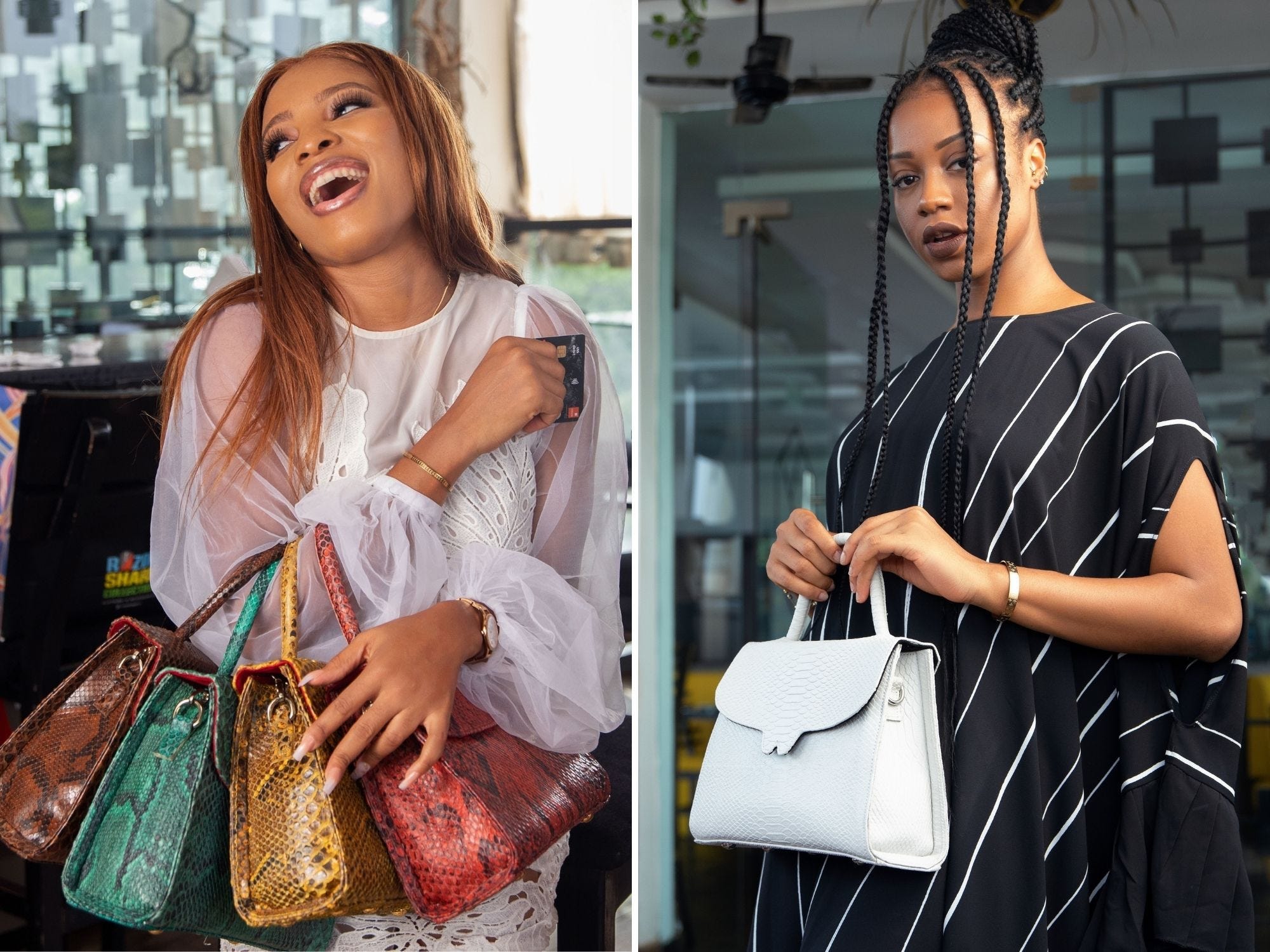 Left: Woman holds four Winston Leather handbags with animal-print patterns -- from left to right, the bags are: dark-red, green, mustard-yellow, and light-red. Right: A woman holds a white Winston Leather handbag with a top handle.