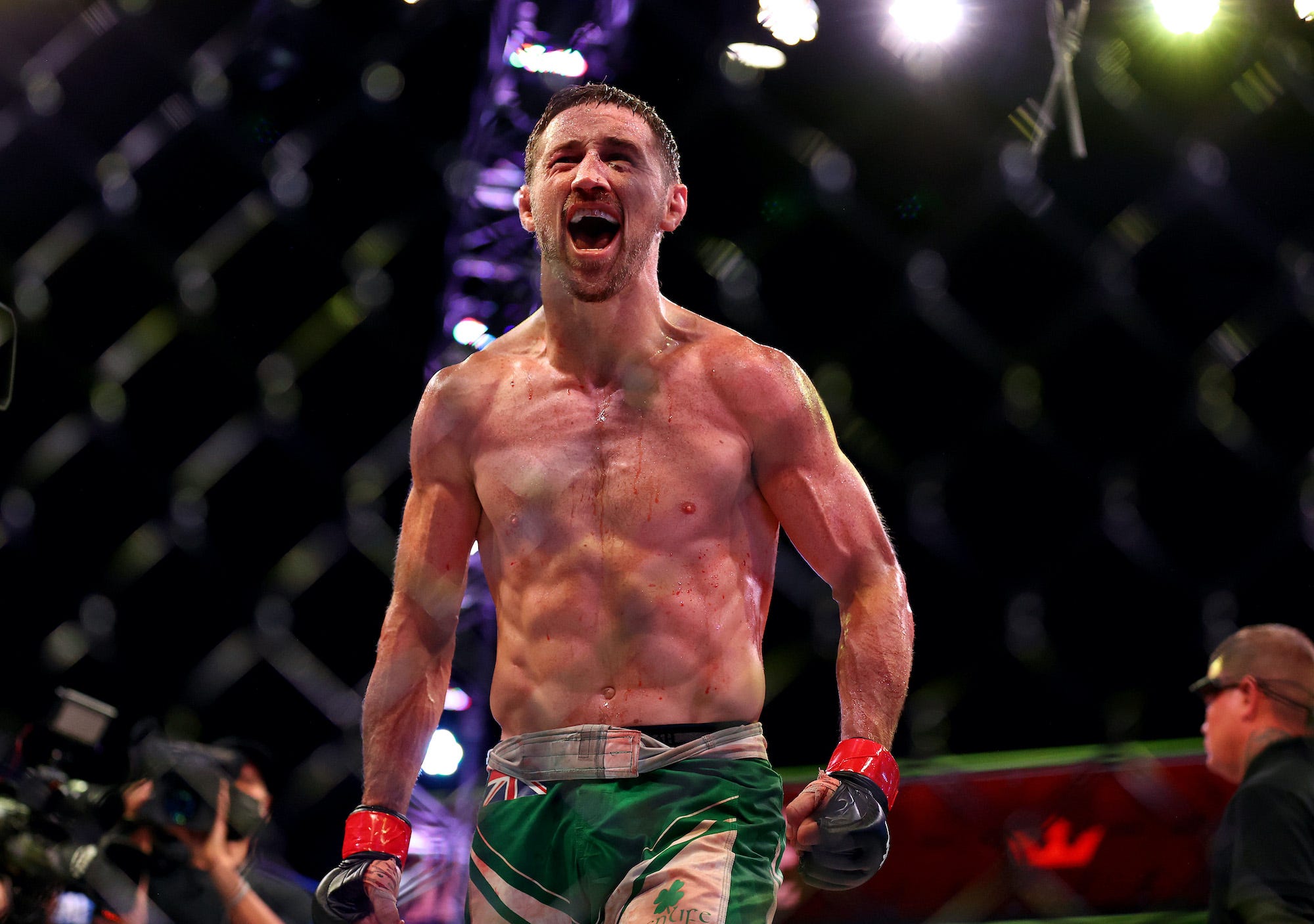 Brendan Loughnane celebrates his most recent win in the PFL MMA cage.
