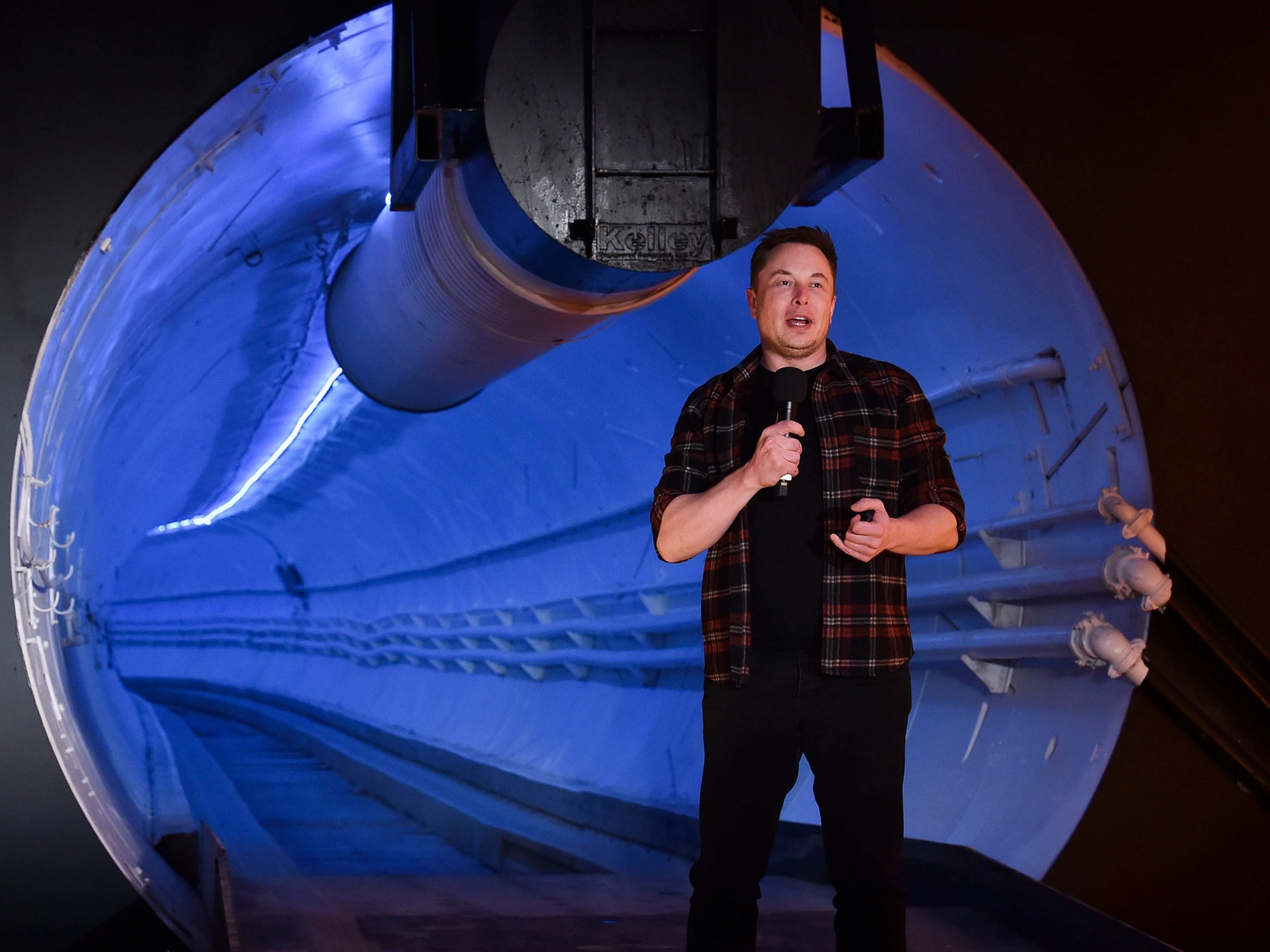 Elon Musk, co-founder and chief executive officer of Tesla Inc., speaks during an unveiling event for the Boring Company Hawthorne test tunnel in Hawthorne