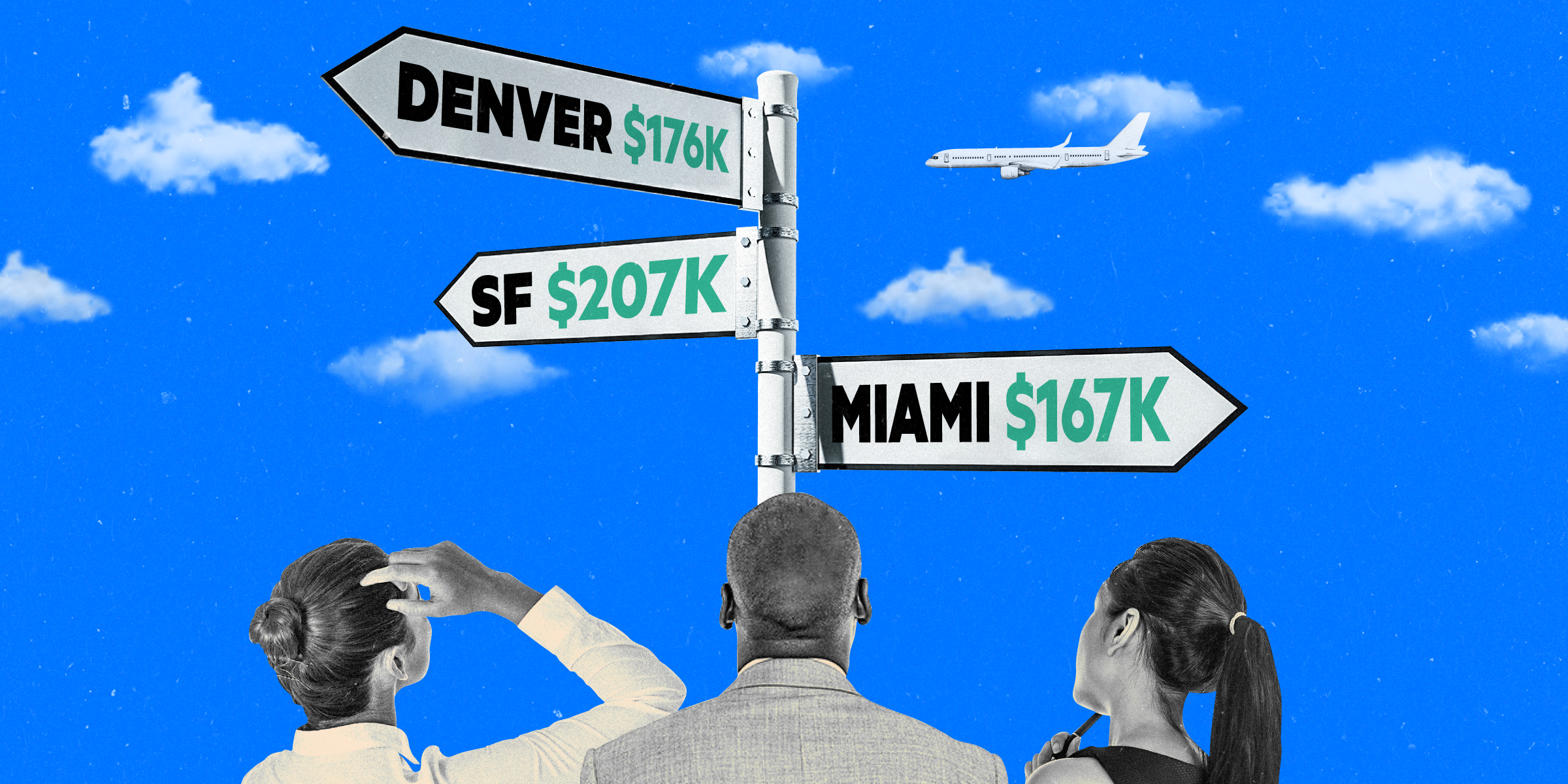 Three office workers looking up at a signpost pointing to Denver, San Francisco, and Miami. Clouds and an airplane behind them on a blue background.