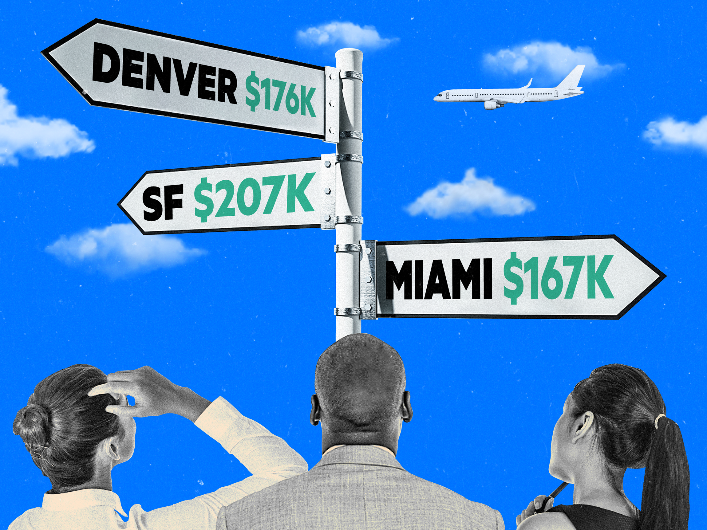 Three office workers looking up at a signpost pointing to Denver, San Francisco, and Miami. Clouds and an airplane behind them on a blue background.