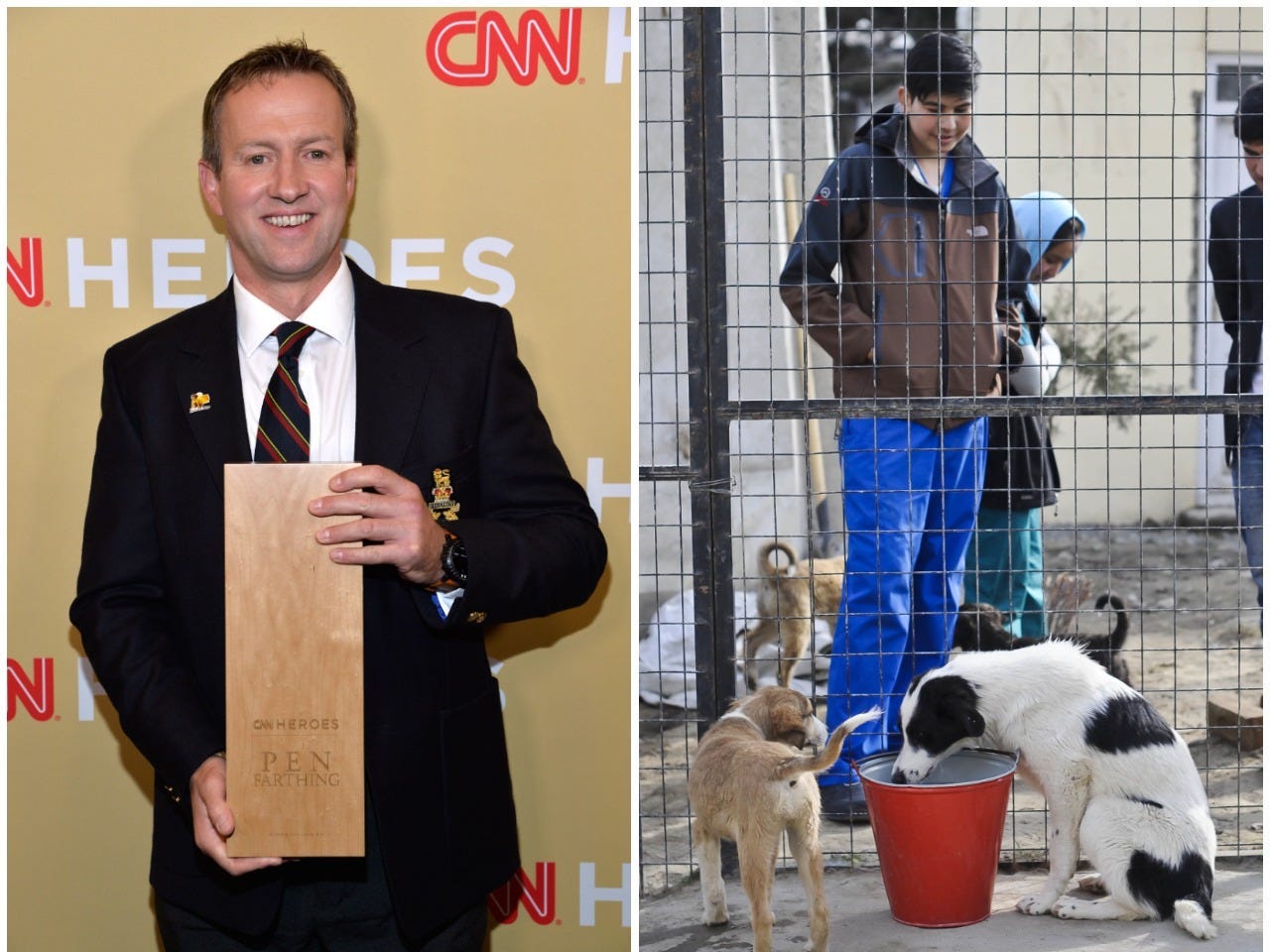 Ex-Royal Marine Pen Farthing at the 2014 CNN Hero of the Year Awards (left) and a photo of dogs at the shelter he founded in Kabul (right).