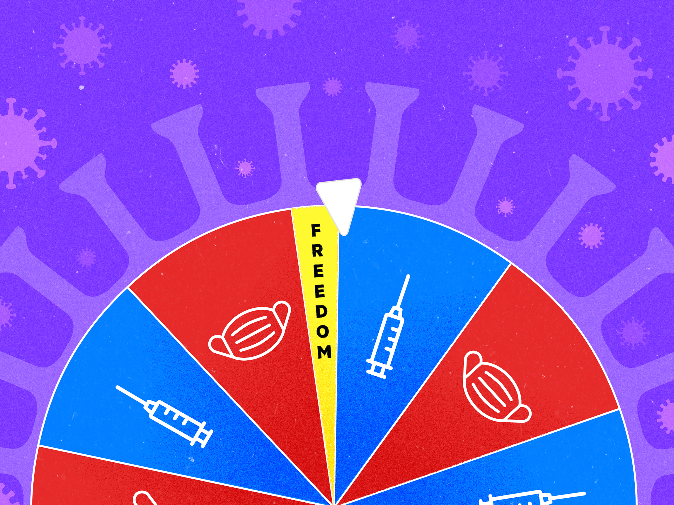 A spinning wheel with alternating blue and red vaccine and mask options and a single small yellow option labeled "FREEDOM." The background is purple and smaller coronavirus shapes are scattered around.