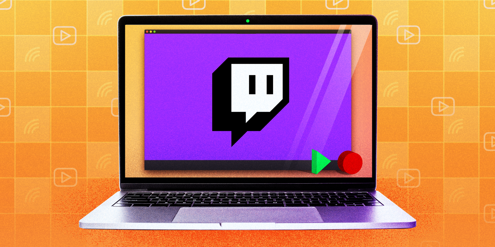 Laptop displaying Twitch icon (the biggest live streaming platform on the internet) and streaming symbols