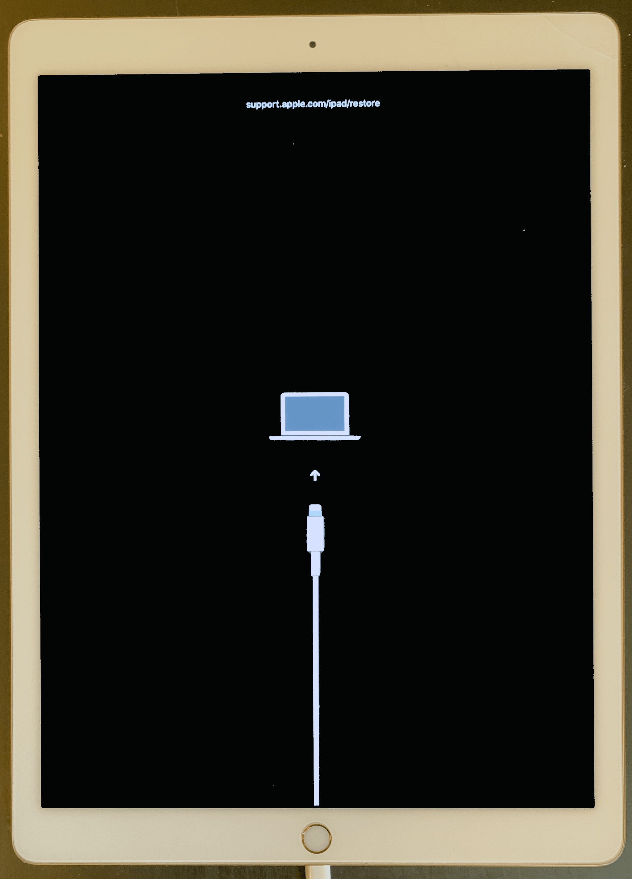 The Recovery Mode screen on an iPad, which displays a link to Apple's support page, and icons showing a charging cable connecting to a laptop.