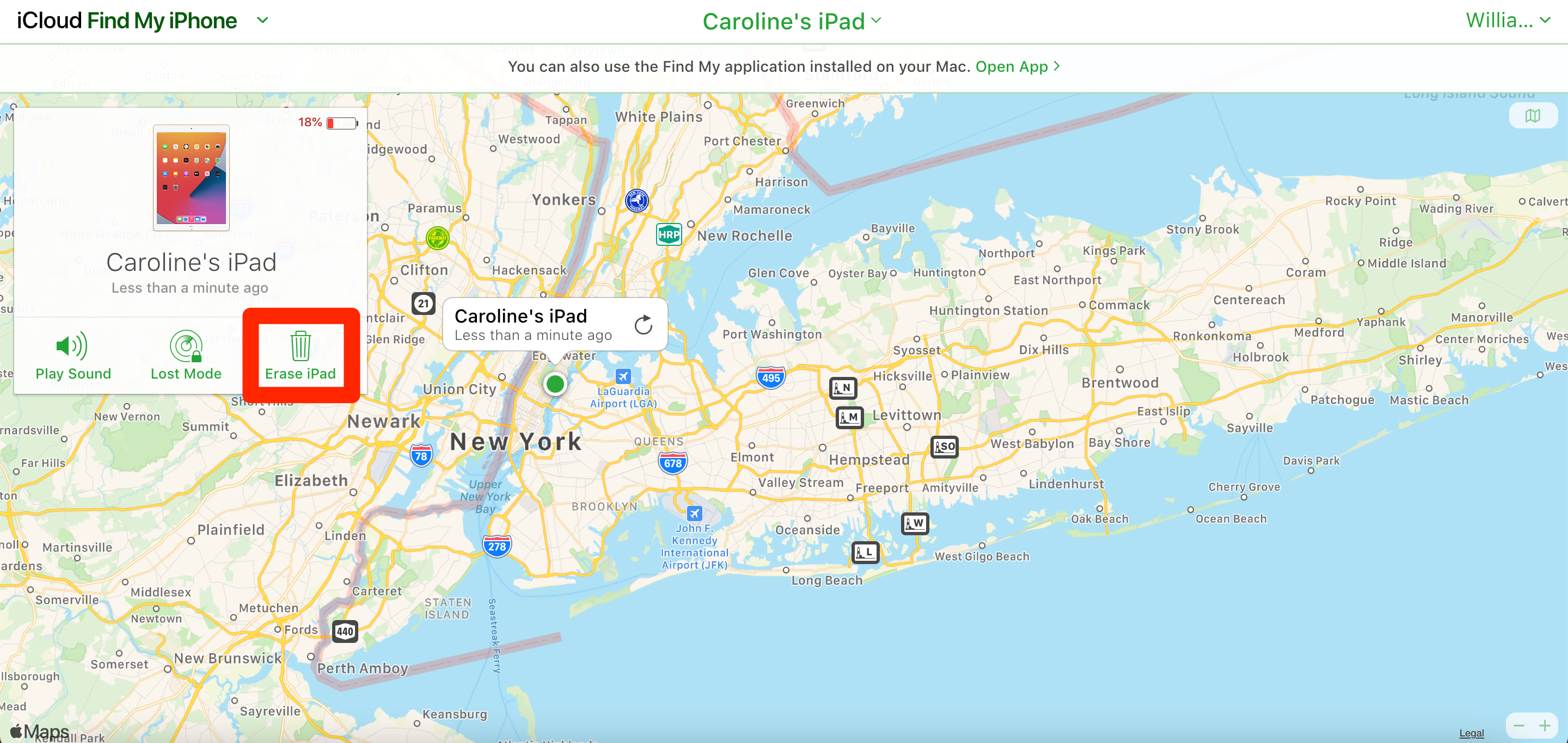 The Find My browser app, displaying a map of New York City and Long Island, with a green dot to mark where the selected iPad is. In a side menu, the "Erase iPad" option is highlighted.