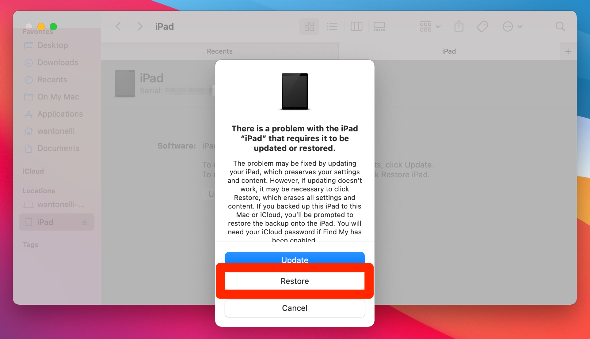 A Mac screen telling the user that their iPad has an error, and needs to be updated or restored. The "Restore" option is highlighted.