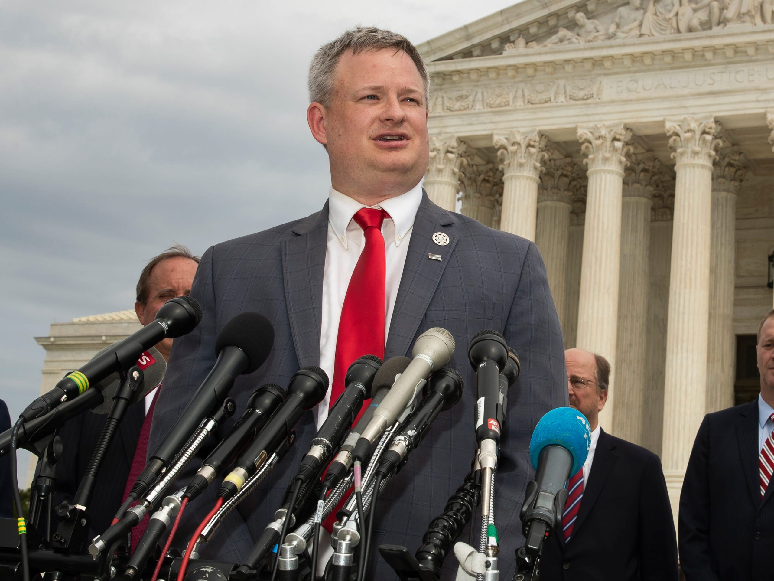 South Dakota Attorney General Jason Ravnsborg speaks to reporters in front of the US Supreme Court in Washington, DC on Sept 9, 2019.