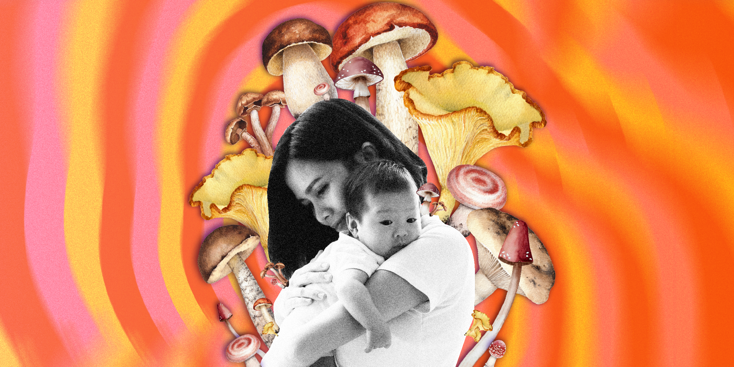 mother cradling her baby surrounded by large mushroom illustrations, on top of an orange psychedelic background