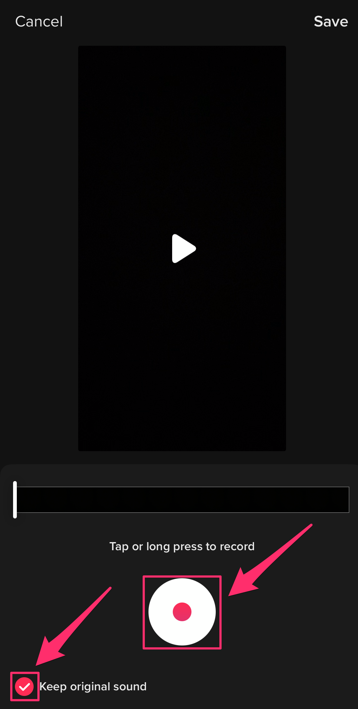 Screenshot of a TikTok editor screen for recording voiceover