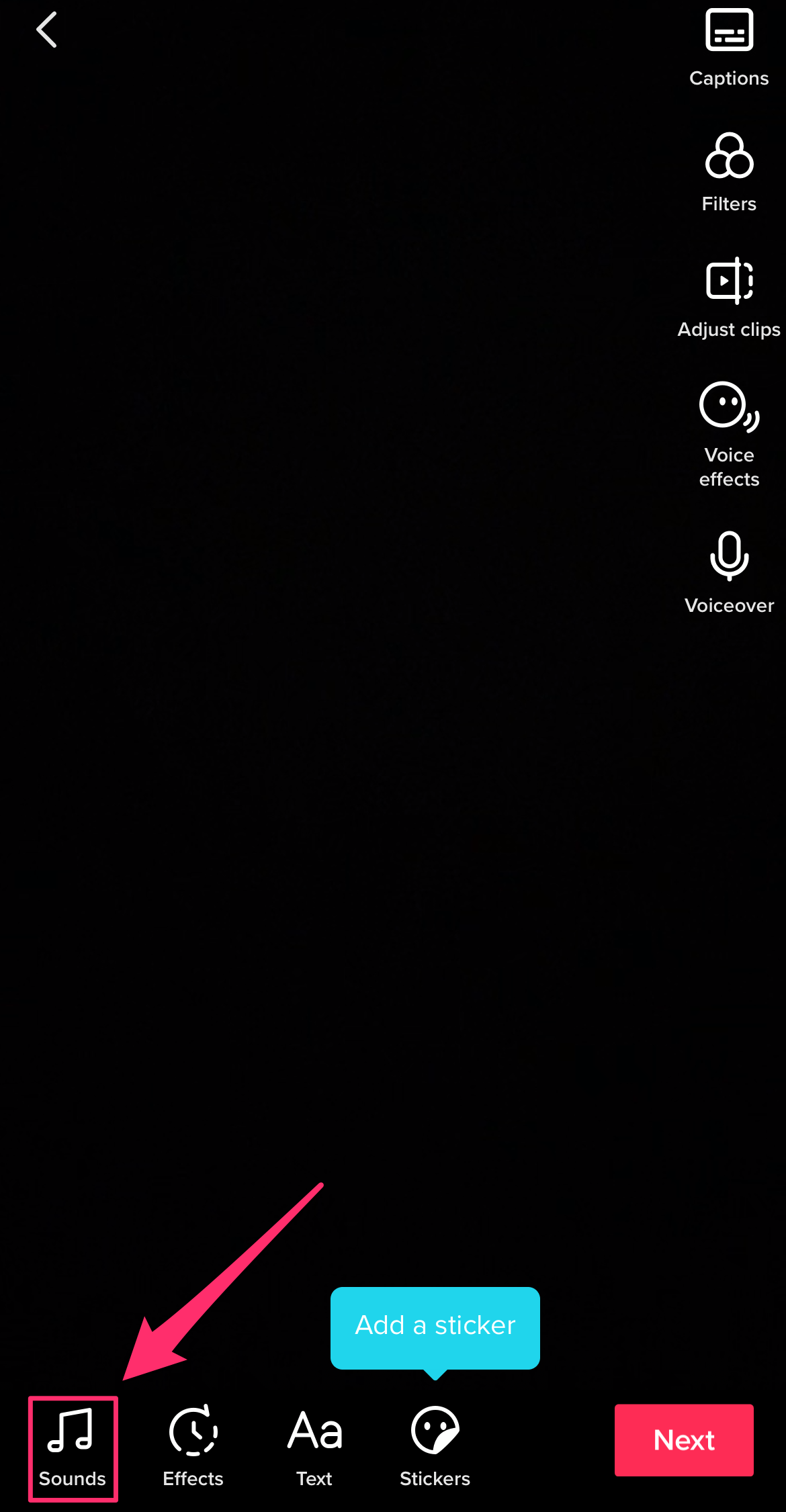 Screenshot of a TikTok editor screen with the Sounds icon highlighted