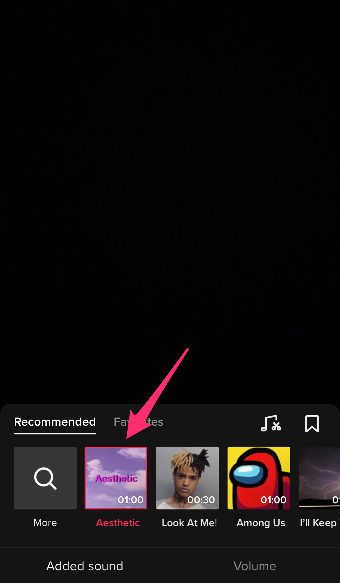 Screenshot of a TikTok editor screen with recommended sounds