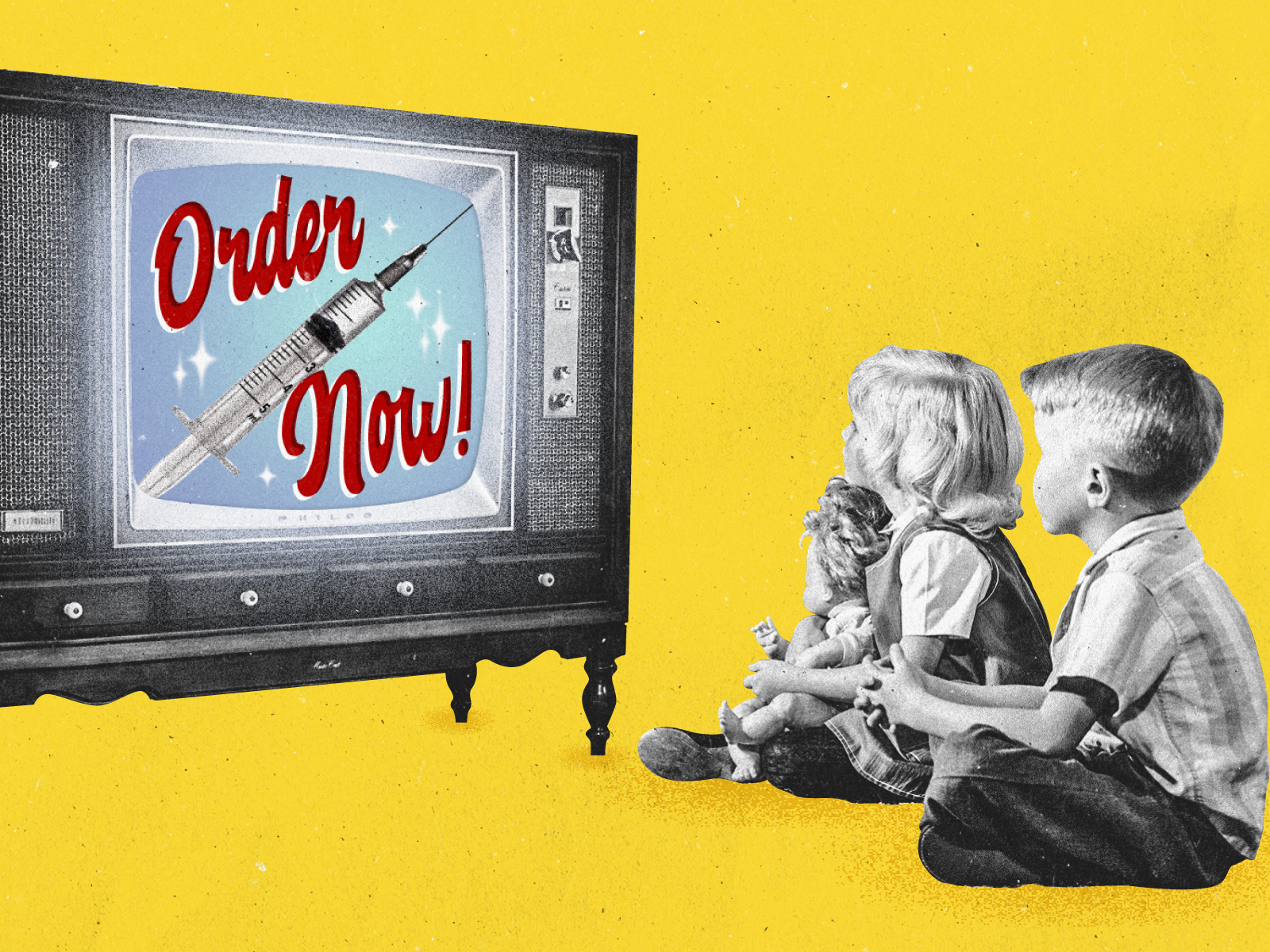 Black and white retro photo of kids watching a colorful advertisement on TV of a syringe with the words, "Order Now!" on a yellow background