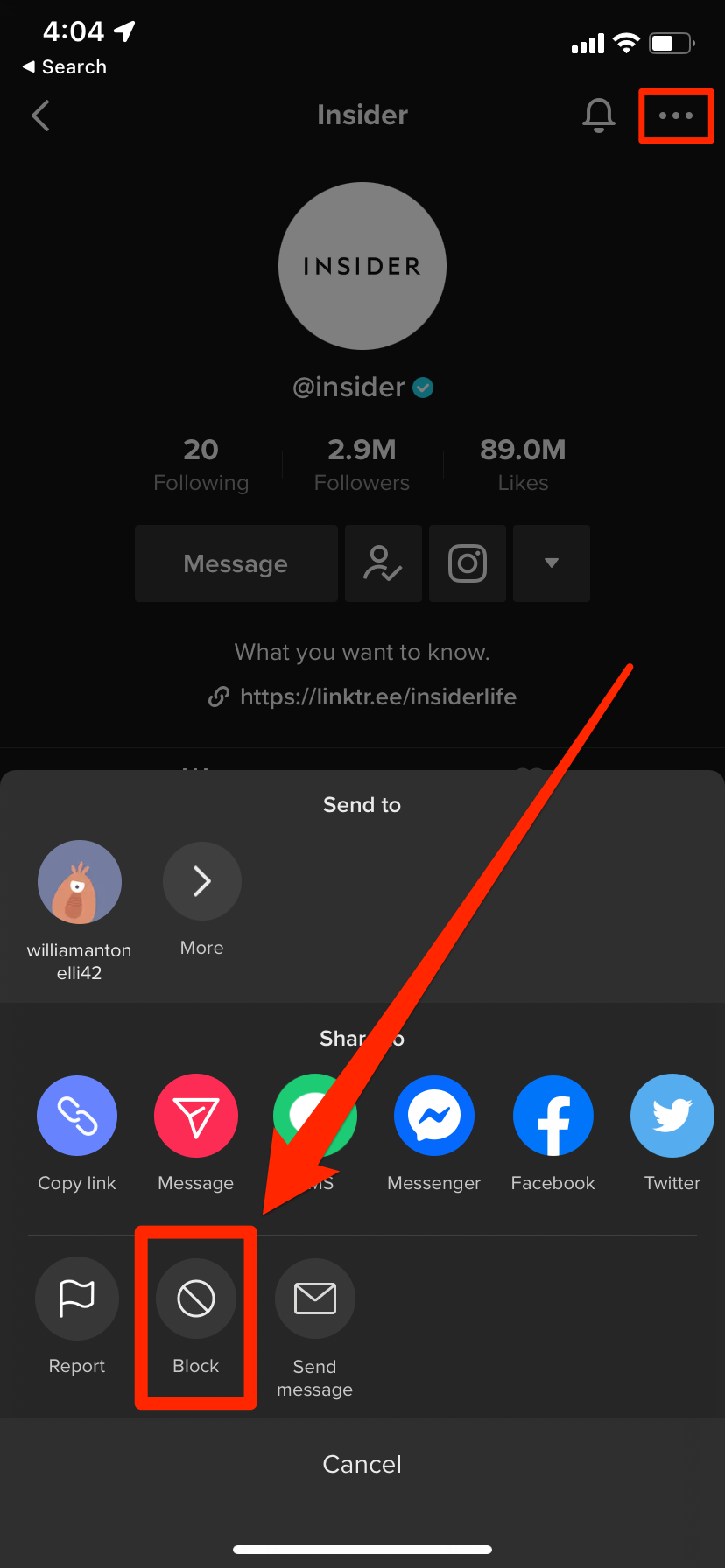 A TikTok menu with a variety of options. The "Block" option is highlighted.