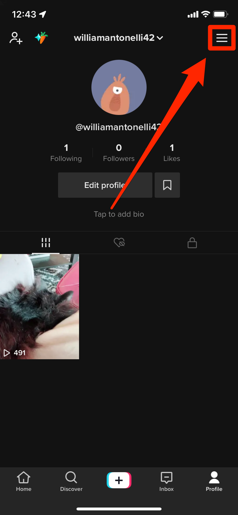 A TikTok profile page. The menu icon in the top-right corner is highlighted.