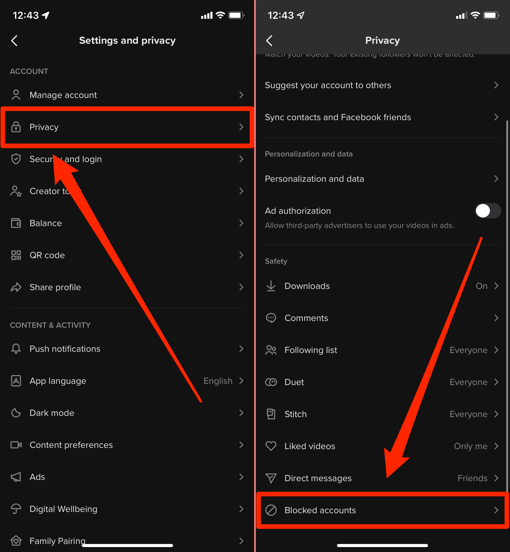 Two TikTok menus - in the first menu, "Privacy" is highlighted, while "Blocked accounts" is highlighted in the second.