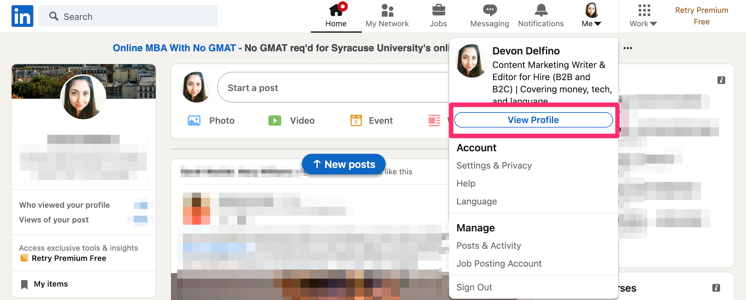 Screenshot of "Me" drop-down on LinkedIn homepage