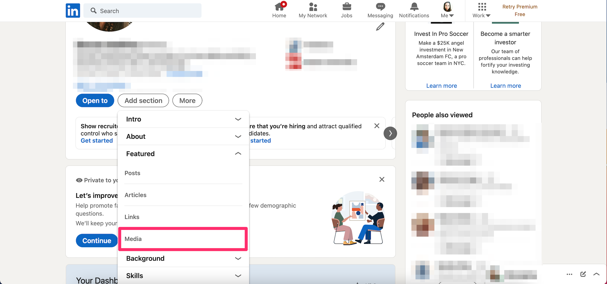 Screenshot of "Add section" button on LinkedIn profile