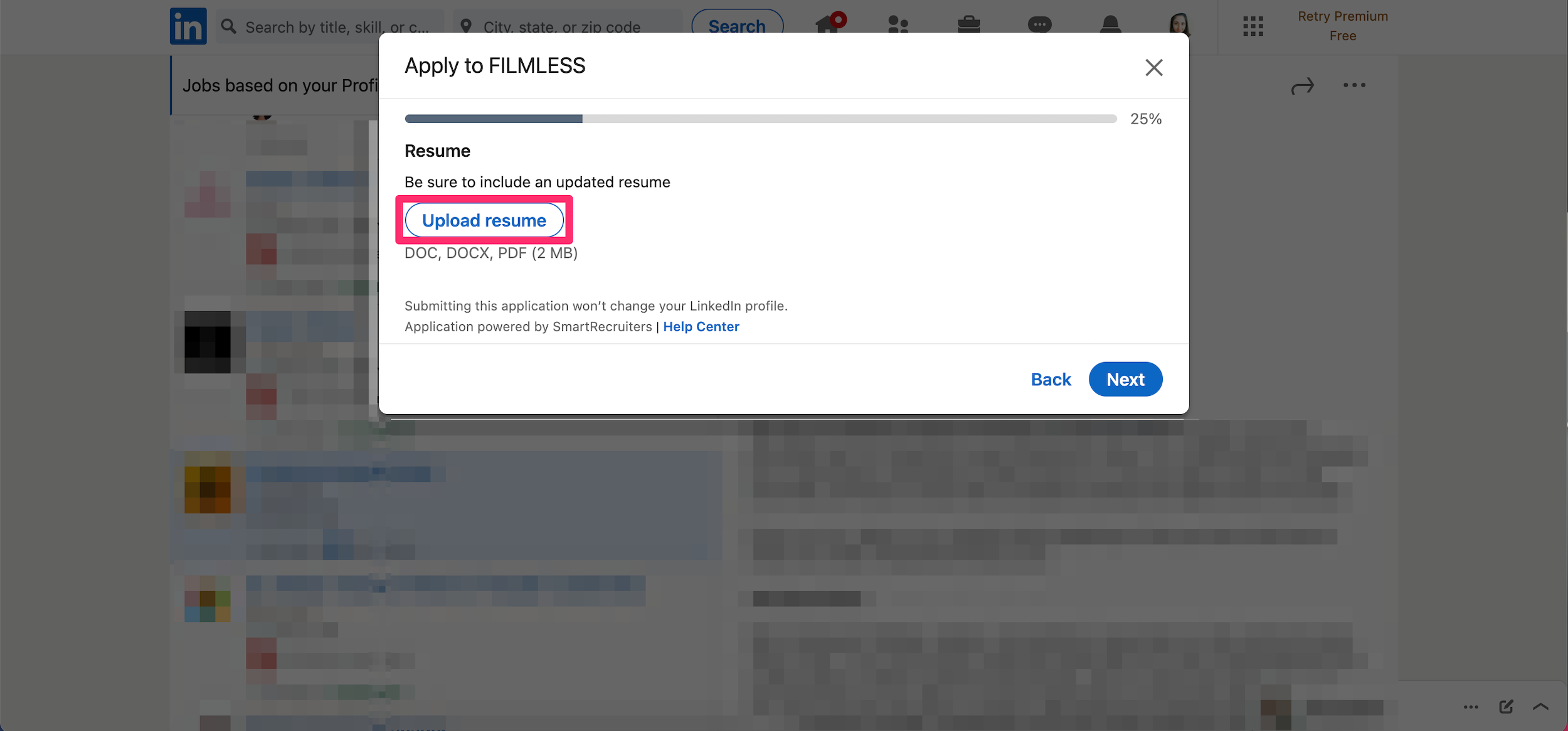 Screenshot of resume upload screen in LinkedIn