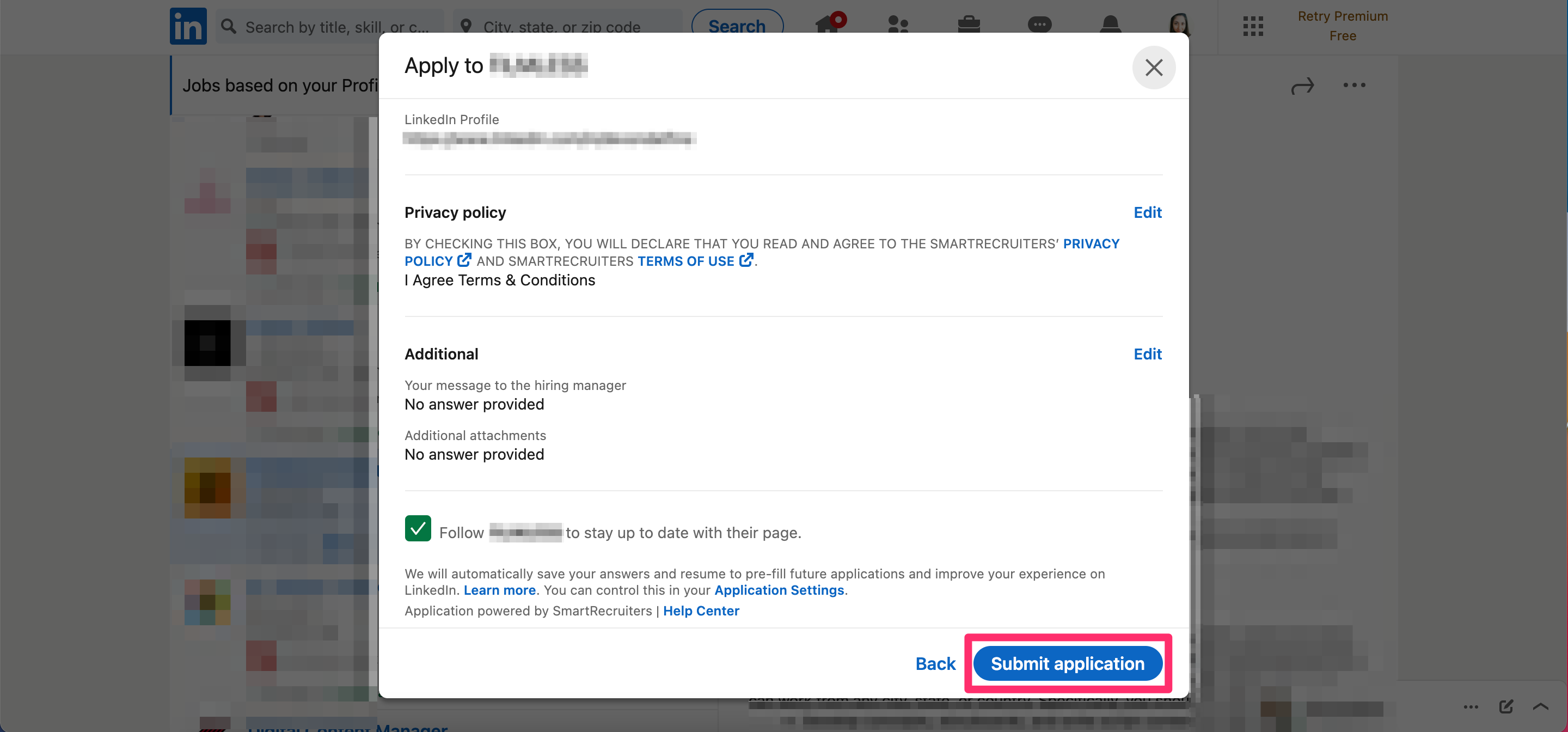 Screenshot of of "Submit Application" button on LinkedIn