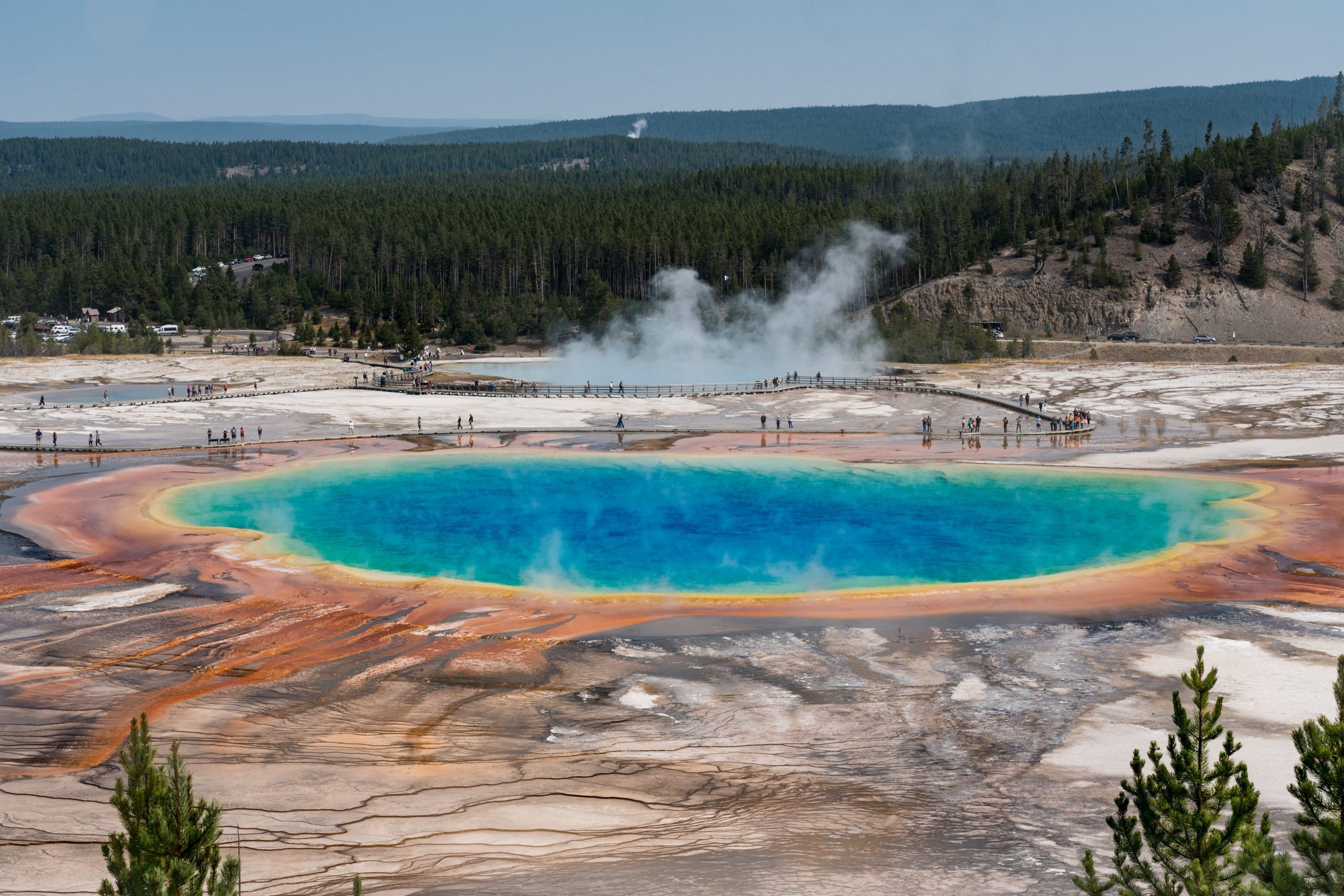 The Grand Prismatic Spring and Excelsior Geyser in the Midway Geyser Basin in Yellowstone National Park, Wyoming.