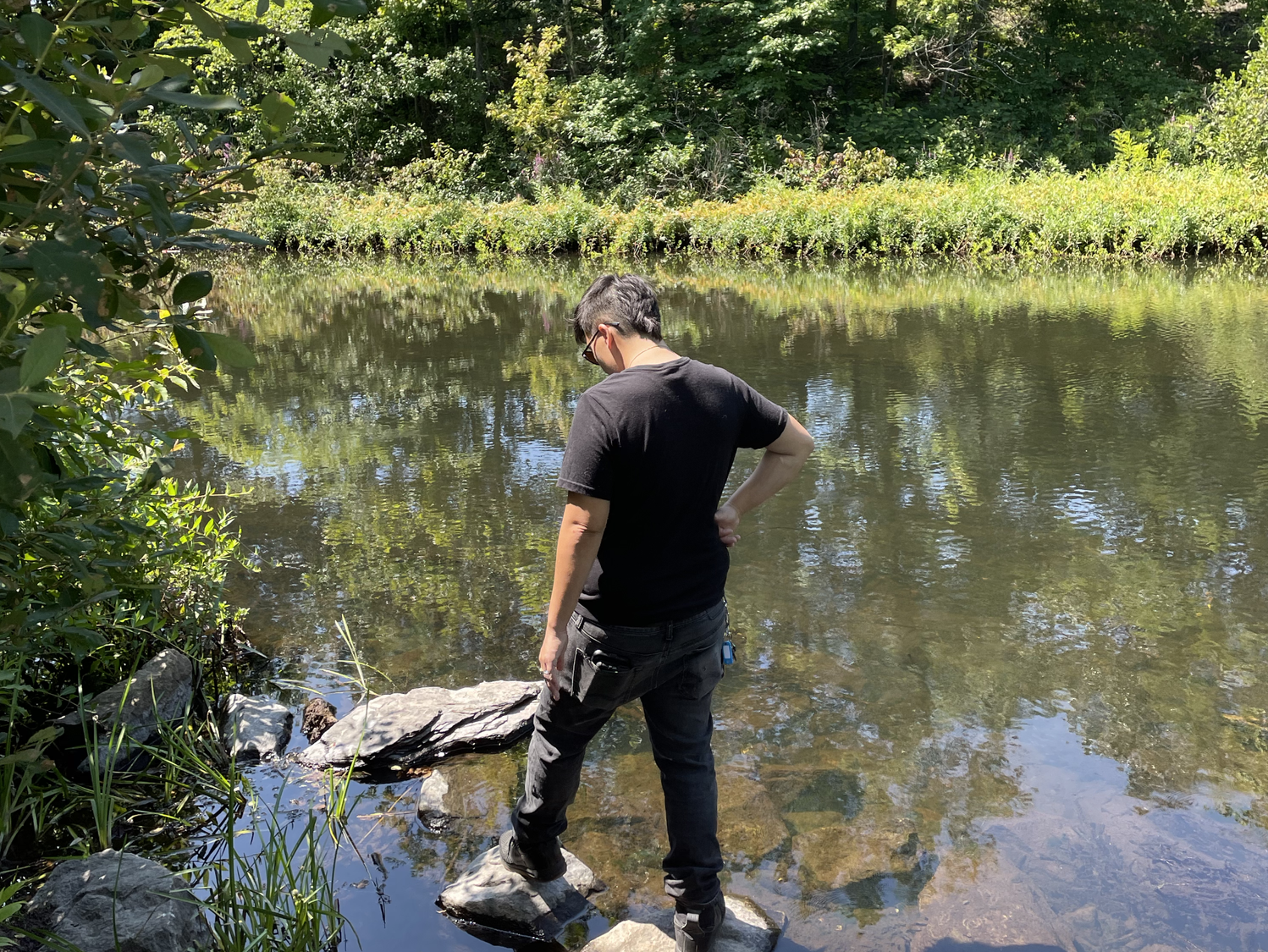 person walking across rocks in stream at riverside park in providence rhode island