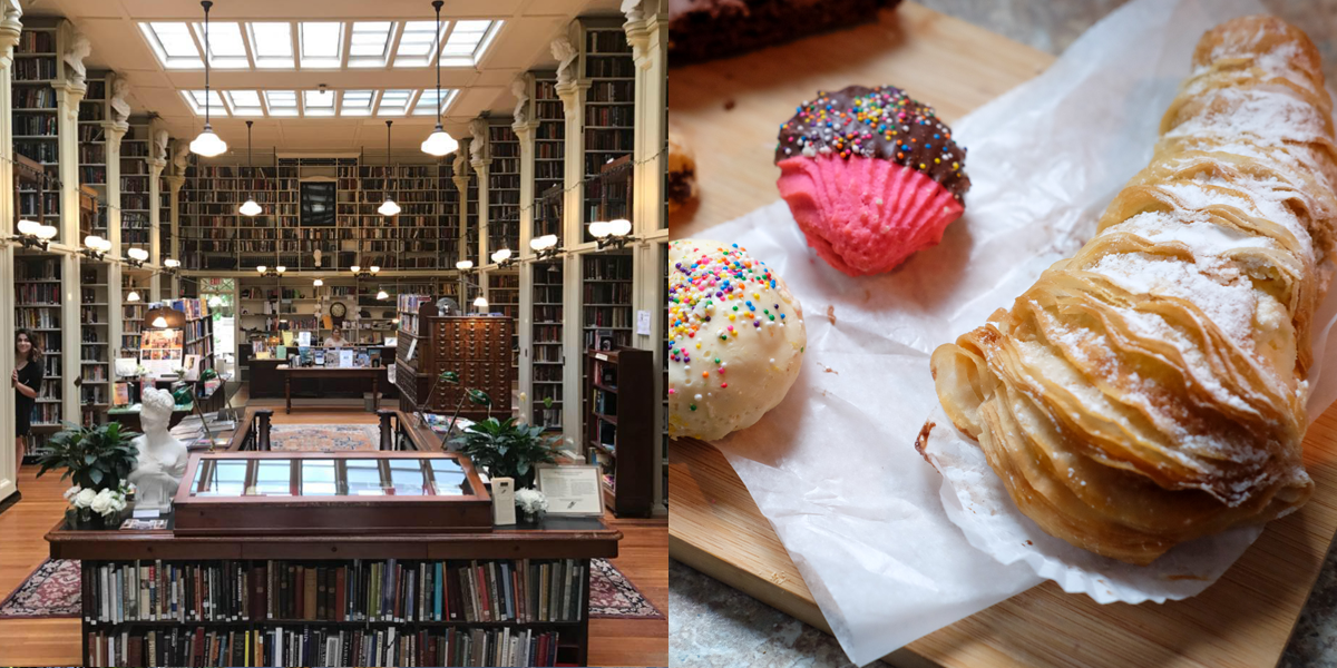 (left) interior shot of the providence athenaeum (right) pastries from lasalle bakery