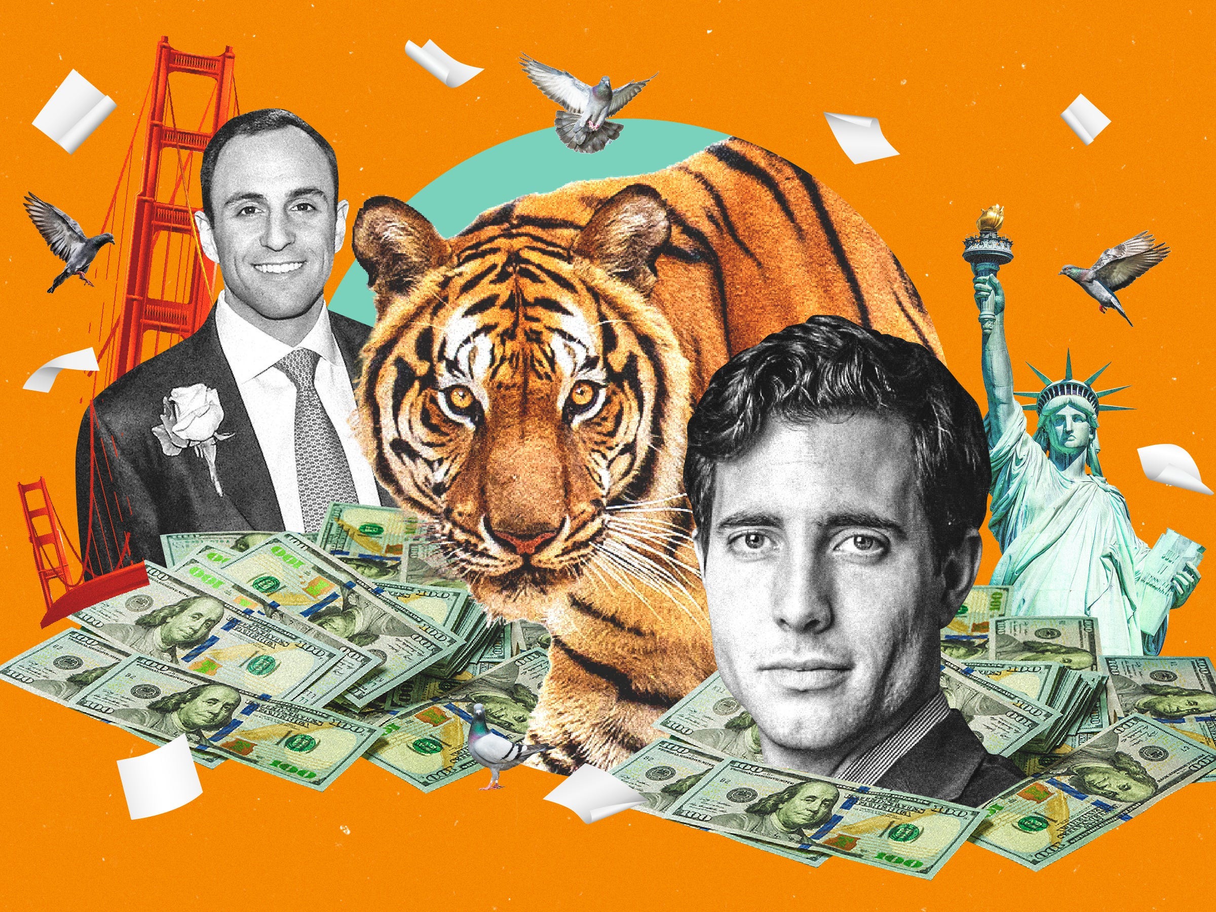 A large tiger surrounded by piles of money, pigeons, term sheets, a broken Golden Gate Bridge, the Statue of Liberty, Tiger Global partners, Scott Shleifer and John Curtius on an orange background