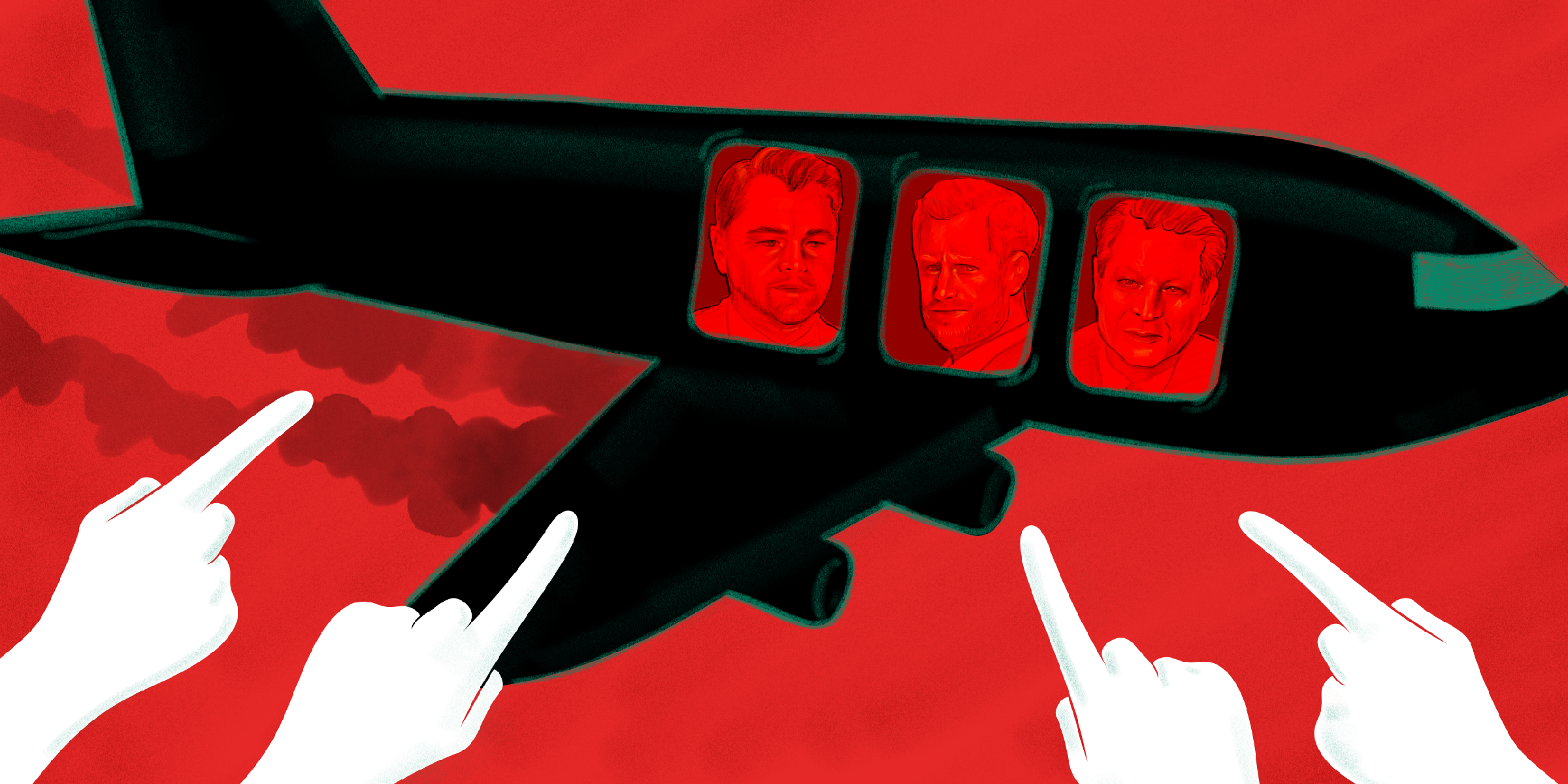 illustration of fingers pointing at a black private jet with Leonardo DiCaprio, Prince Harry, and Al Gore