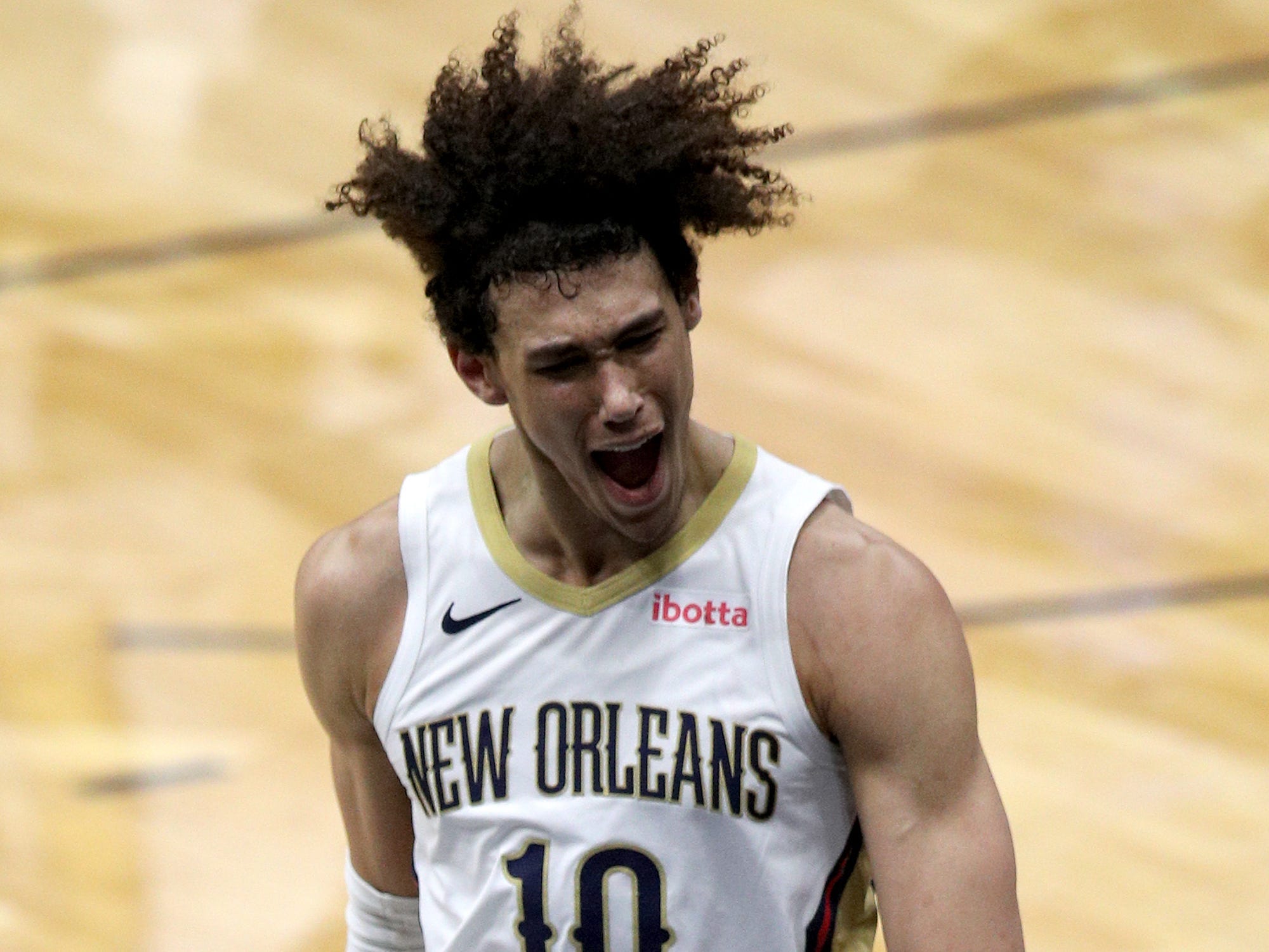 Jaxson Hayes #10 of the New Orleans Pelicans reacts after scoring during the fourth quarter against the LA Clippers of an NBA game at Smoothie King Center on April 26, 2021 in New Orleans, Louisiana.