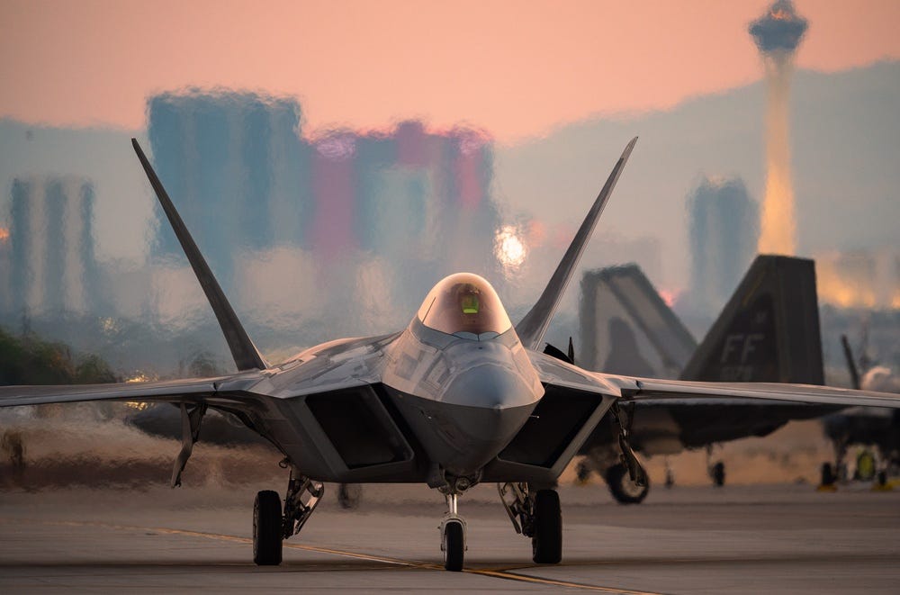 An F-22 Raptor assigned to Joint Base Langley-Eustis, Virginia, taxis prior to a Red Flag-Nellis 21-3 mission at Nellis Air Force Base, Nevada, Aug 4, 2021