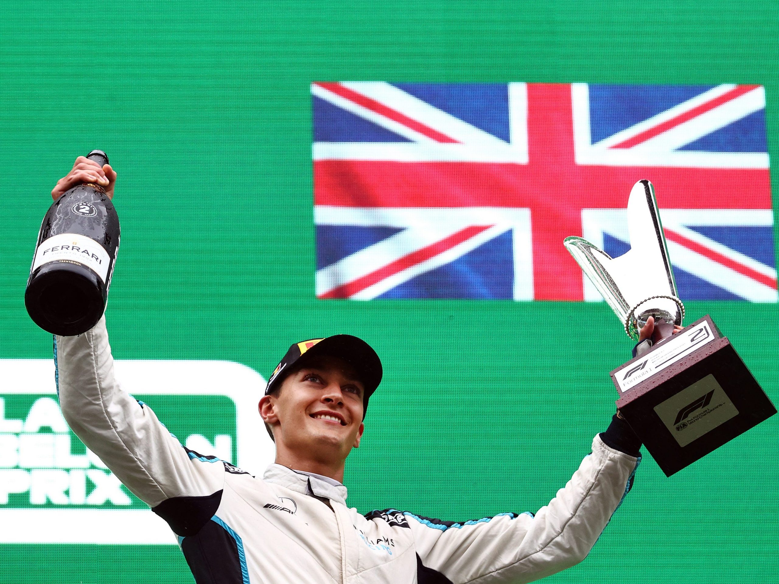 George Russell celebrates after the Belgian Grand Prix