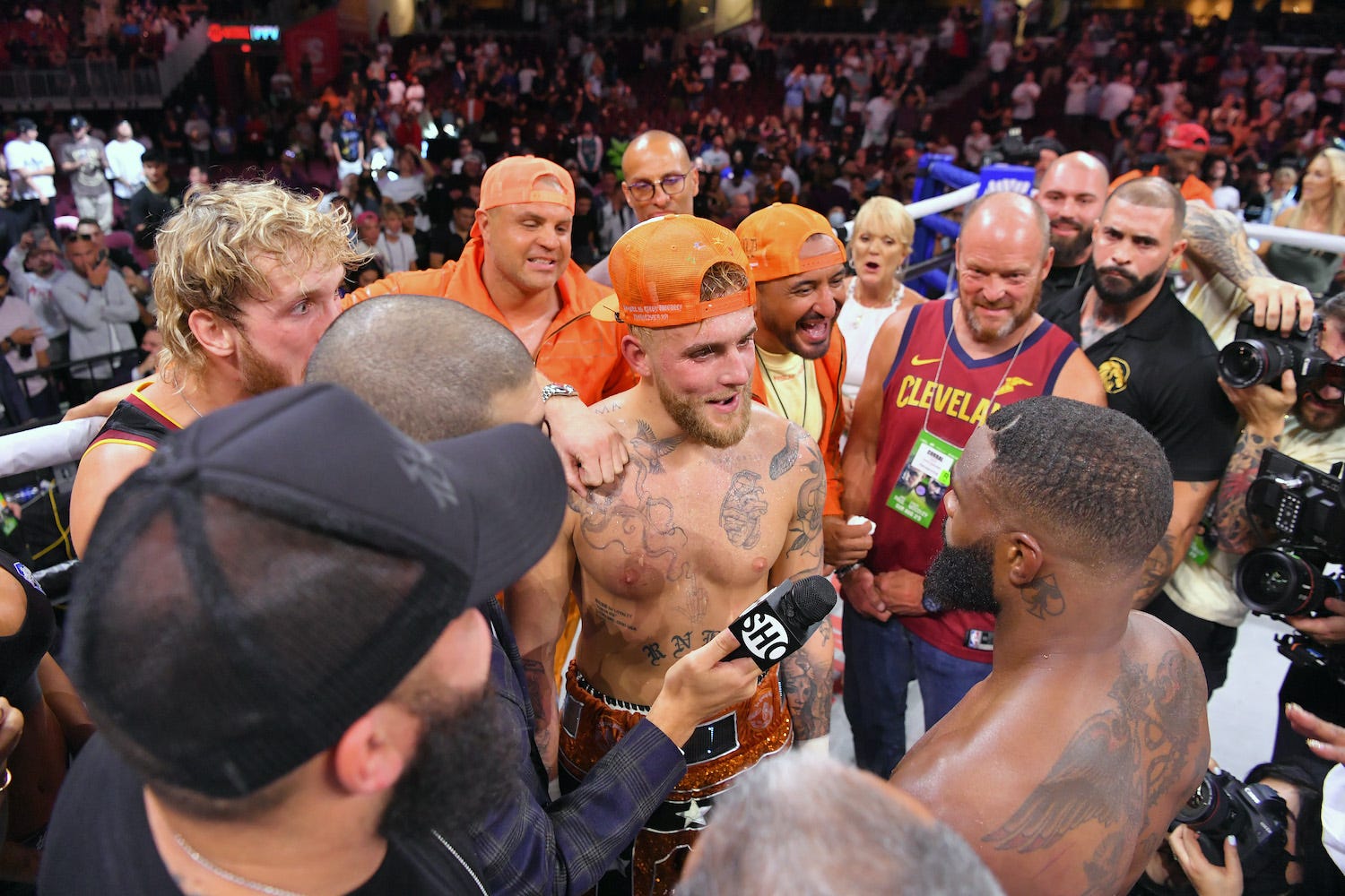 Jake Paul and Tyron Woodley in the ring after the result had been announced.