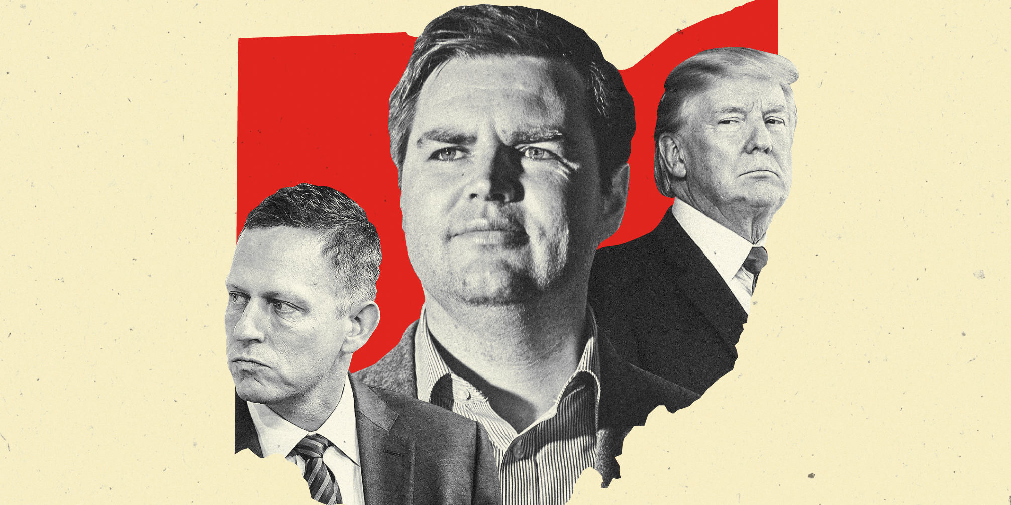 Peter Thiel, J.D. Vance, and Donald Trump inside a red state shape of Ohio on a light yellow background