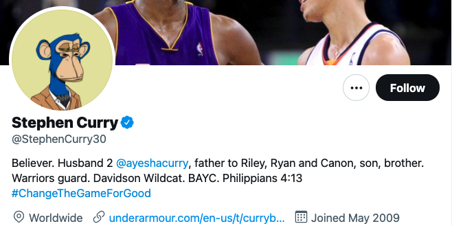 A screenshot of Stephen Curry's Twitter profile page as of August 30, 2021.