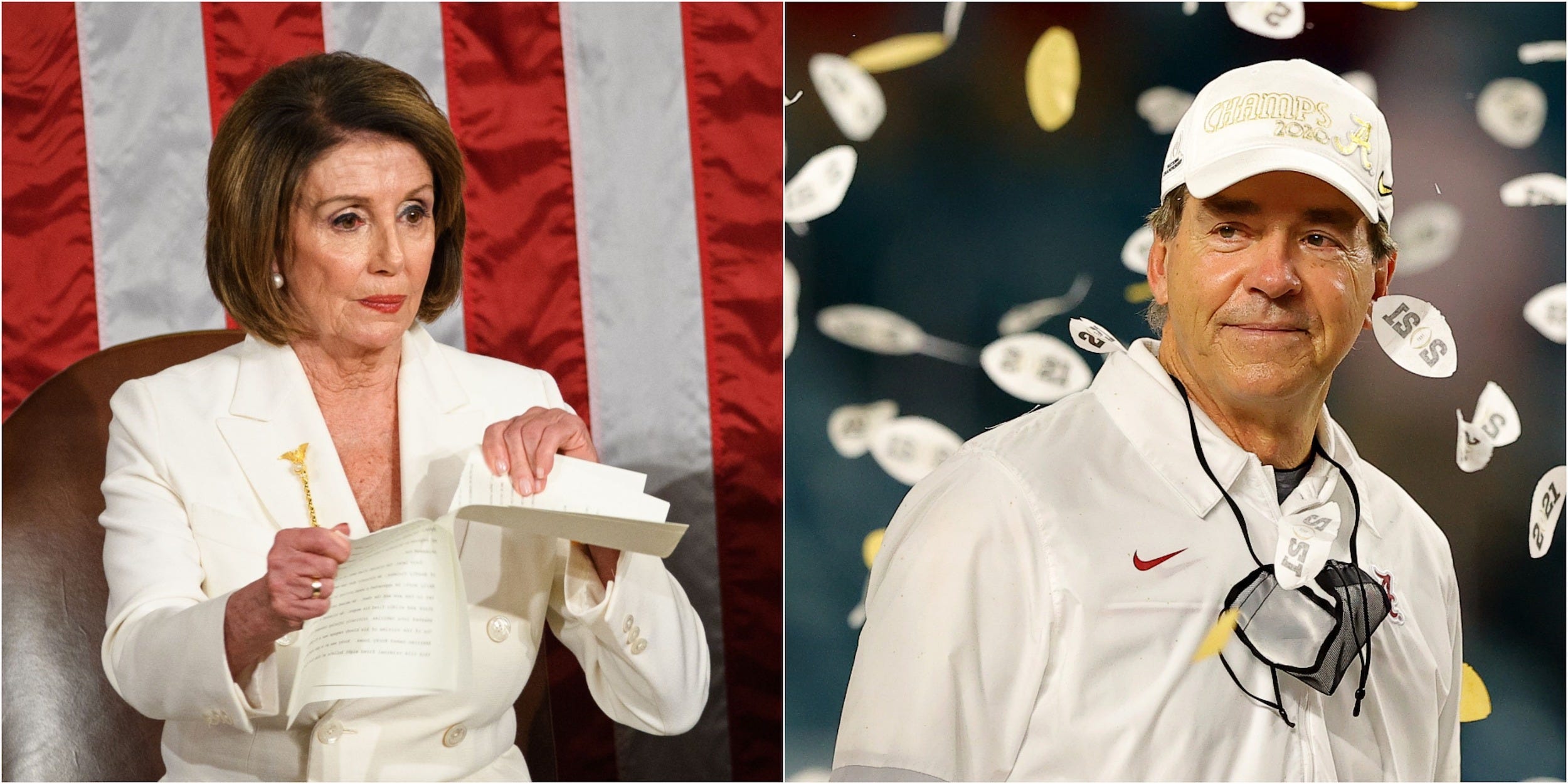 House Speaker Nancy Pelosi ripping apart Trump's state of the union speech and University of Alabama Head Football Coach Nick Saban  standing under confetti (right).