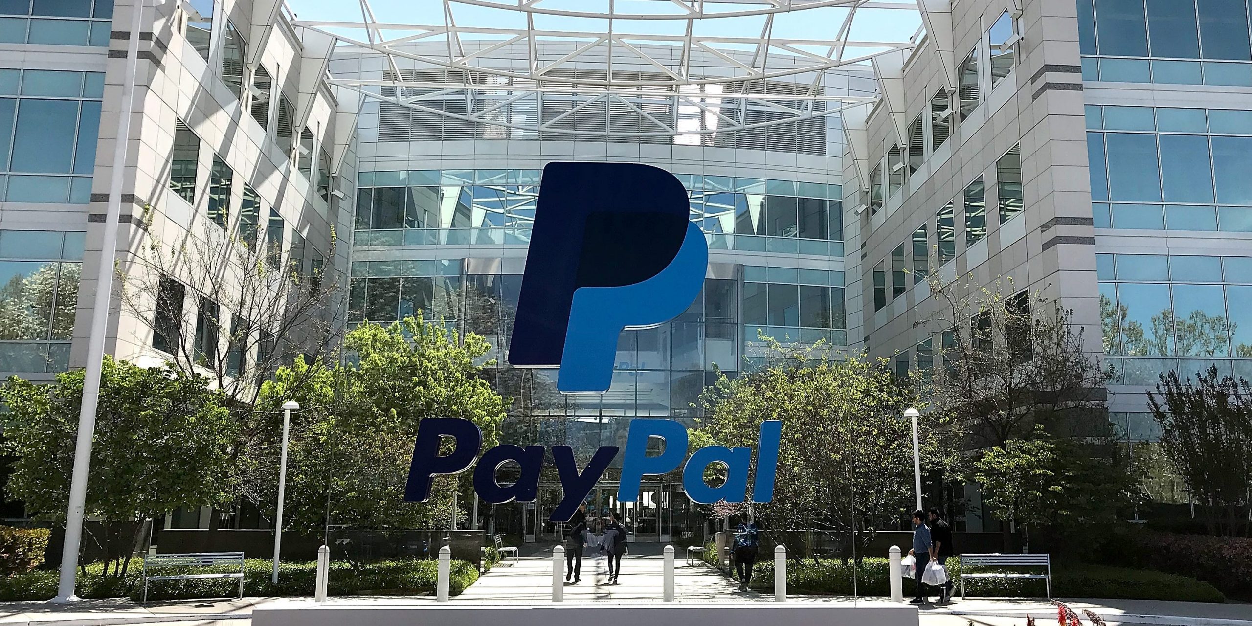 A sign is posted outside of the PayPal headquarters on April 9, 2018 in San Jose, California.